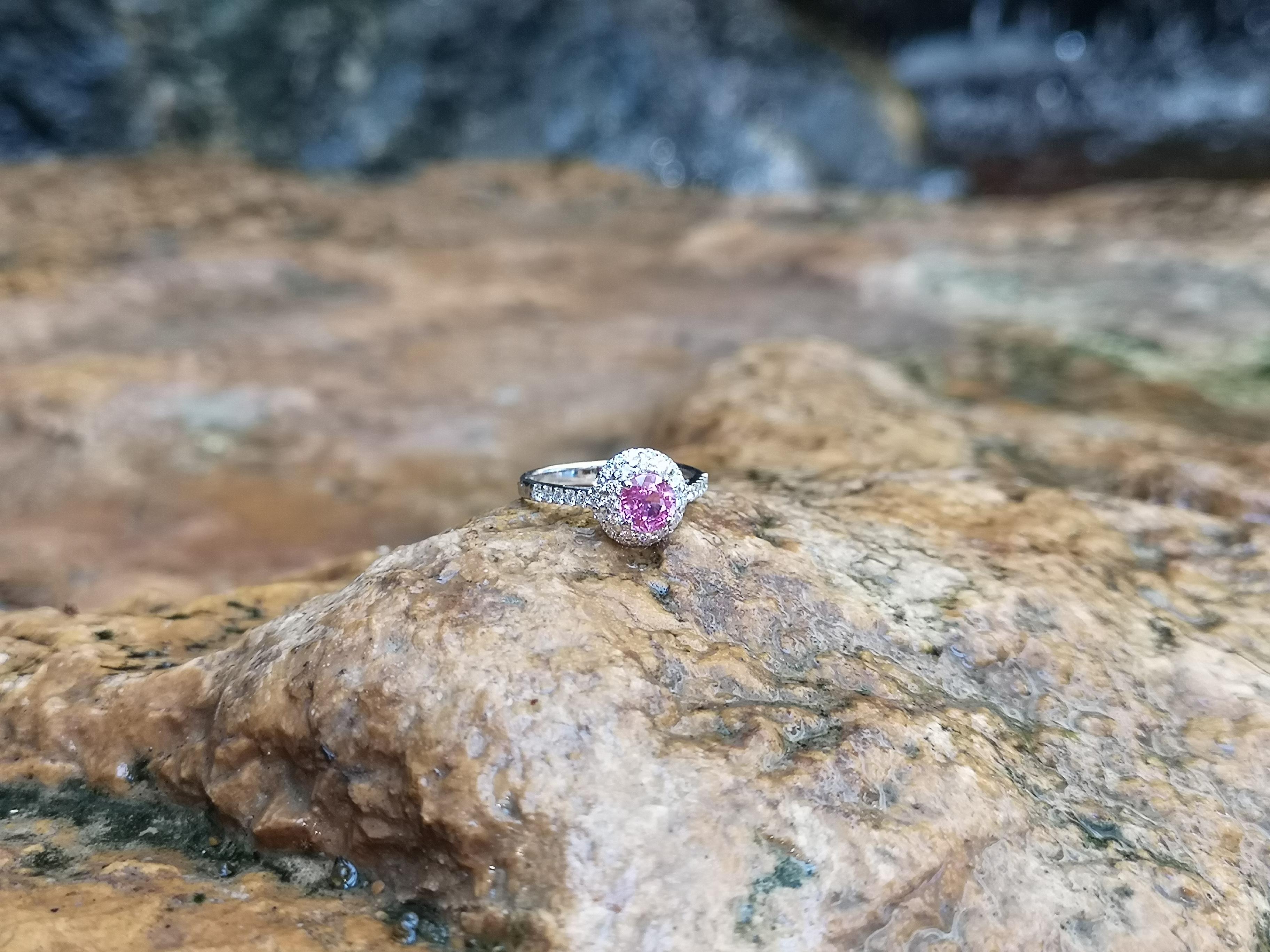 Round Cut Pink Sapphire with Diamond Ring Set in 18 Karat White Gold Settings For Sale 3