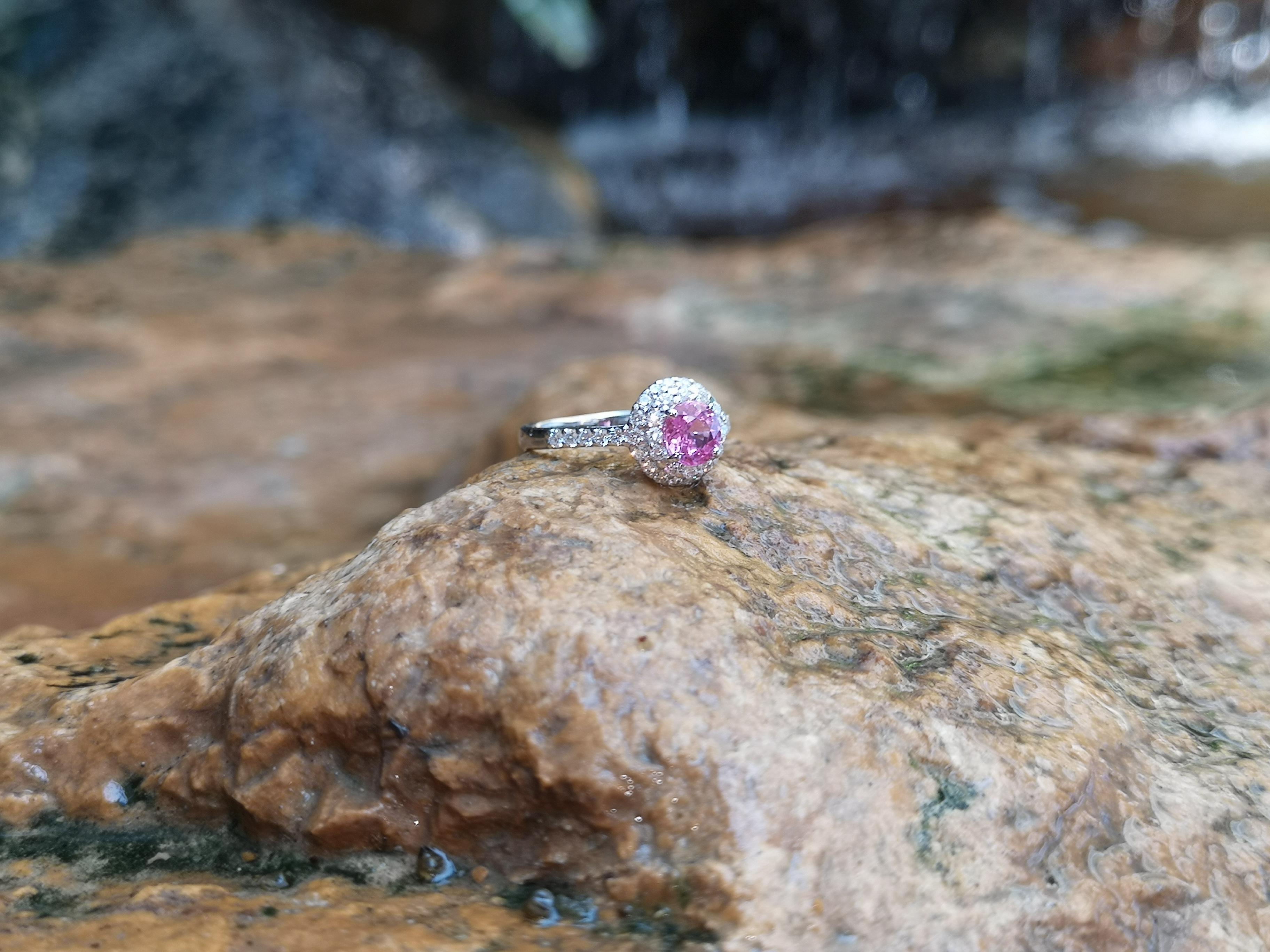 Round Cut Pink Sapphire with Diamond Ring Set in 18 Karat White Gold Settings For Sale 4