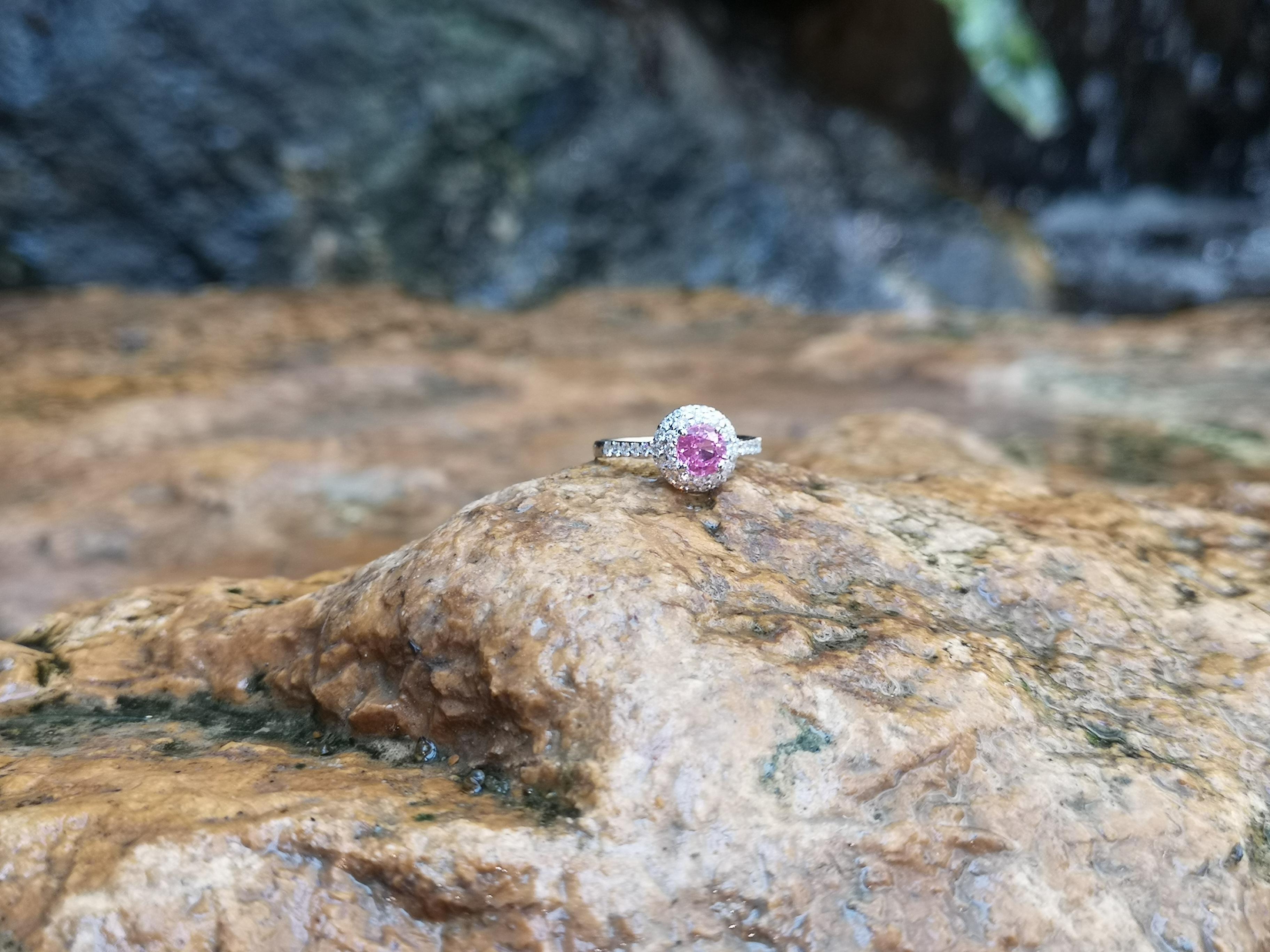 Round Cut Pink Sapphire with Diamond Ring Set in 18 Karat White Gold Settings For Sale 5