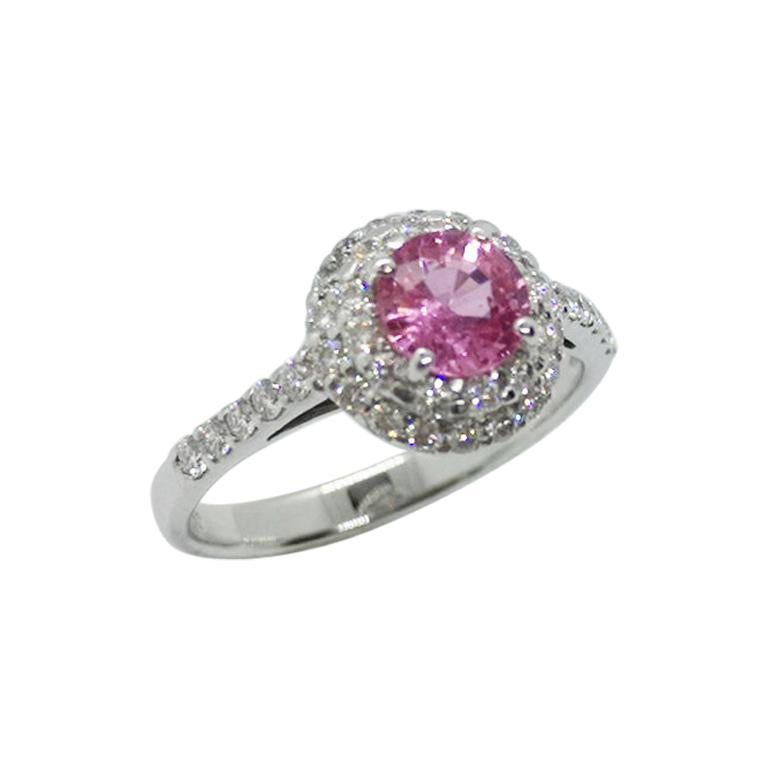 Round Cut Pink Sapphire with Diamond Ring Set in 18 Karat White Gold Settings