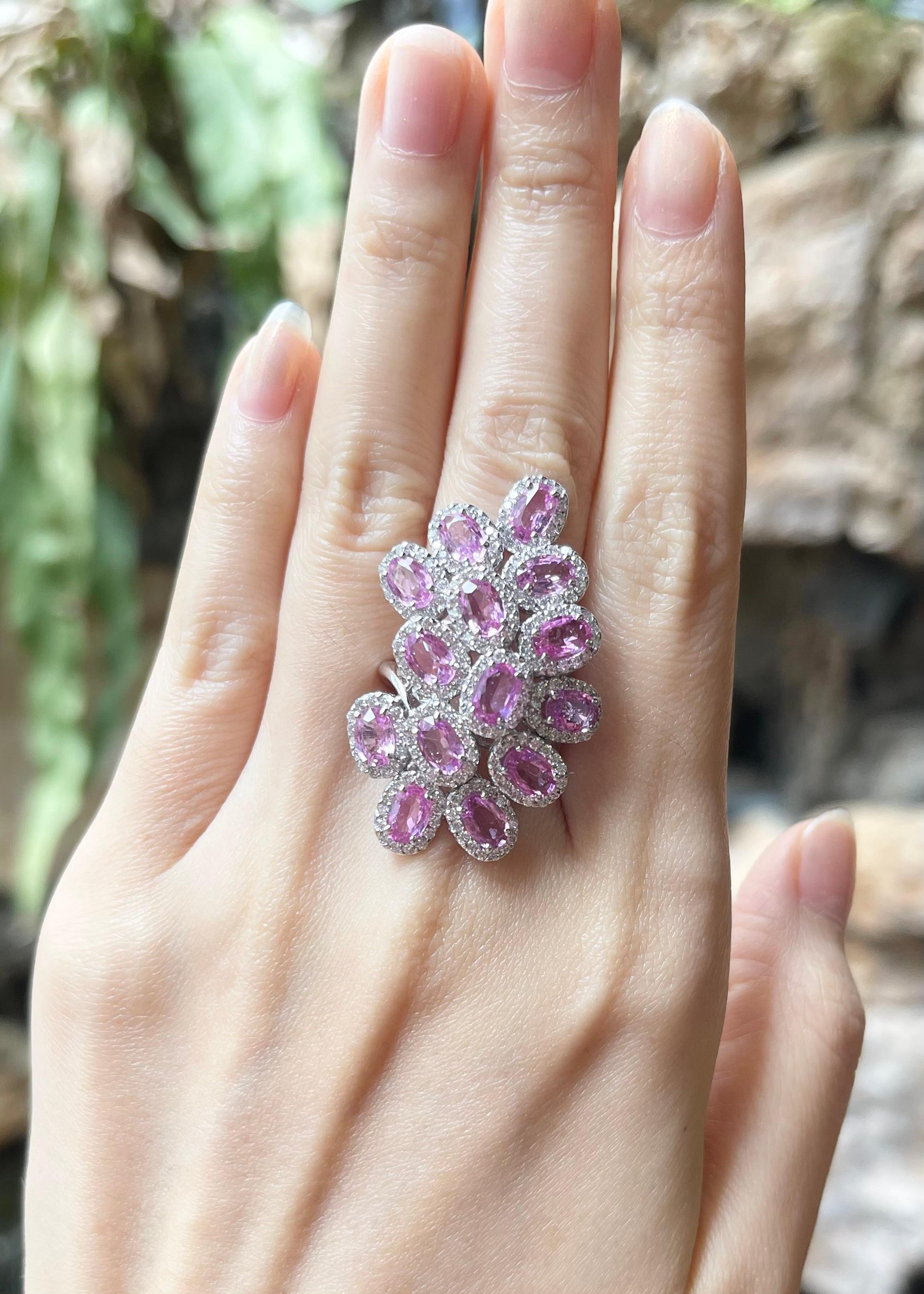 Pink Sapphire 7.36 carats with Diamond 1.51 carats Ring set in 18K White Gold Settings

Width:  2.5 cm 
Length: 4.0 cm
Ring Size: 54
Total Weight: 17.47 grams

