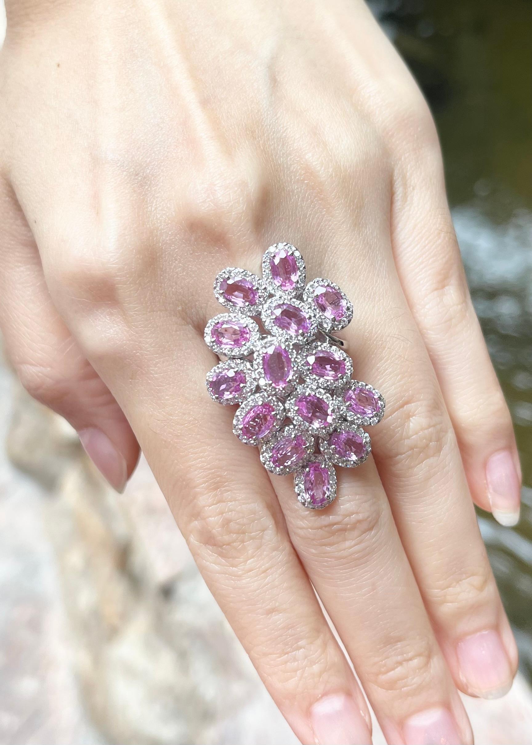 Oval Cut Pink Sapphire with Diamond Ring set in 18K White Gold Settings For Sale