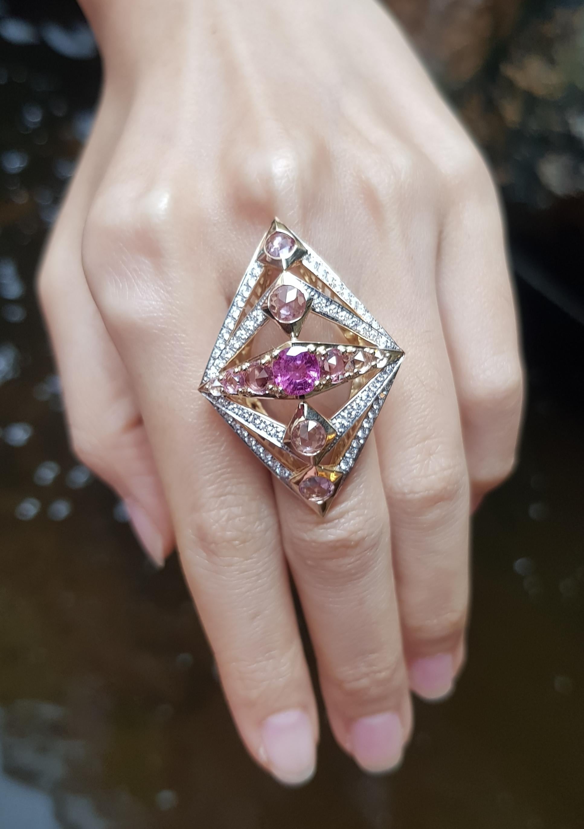 Pink Sapphire 1.59 carats Pink Sapphire 4.39 carats and Diamond 00 carat Ring set in18 Karat Gold Settings

Width:  3.0 cm 
Length: 4.8 cm
Ring Size: 53
Total Weight: 16.02 grams

