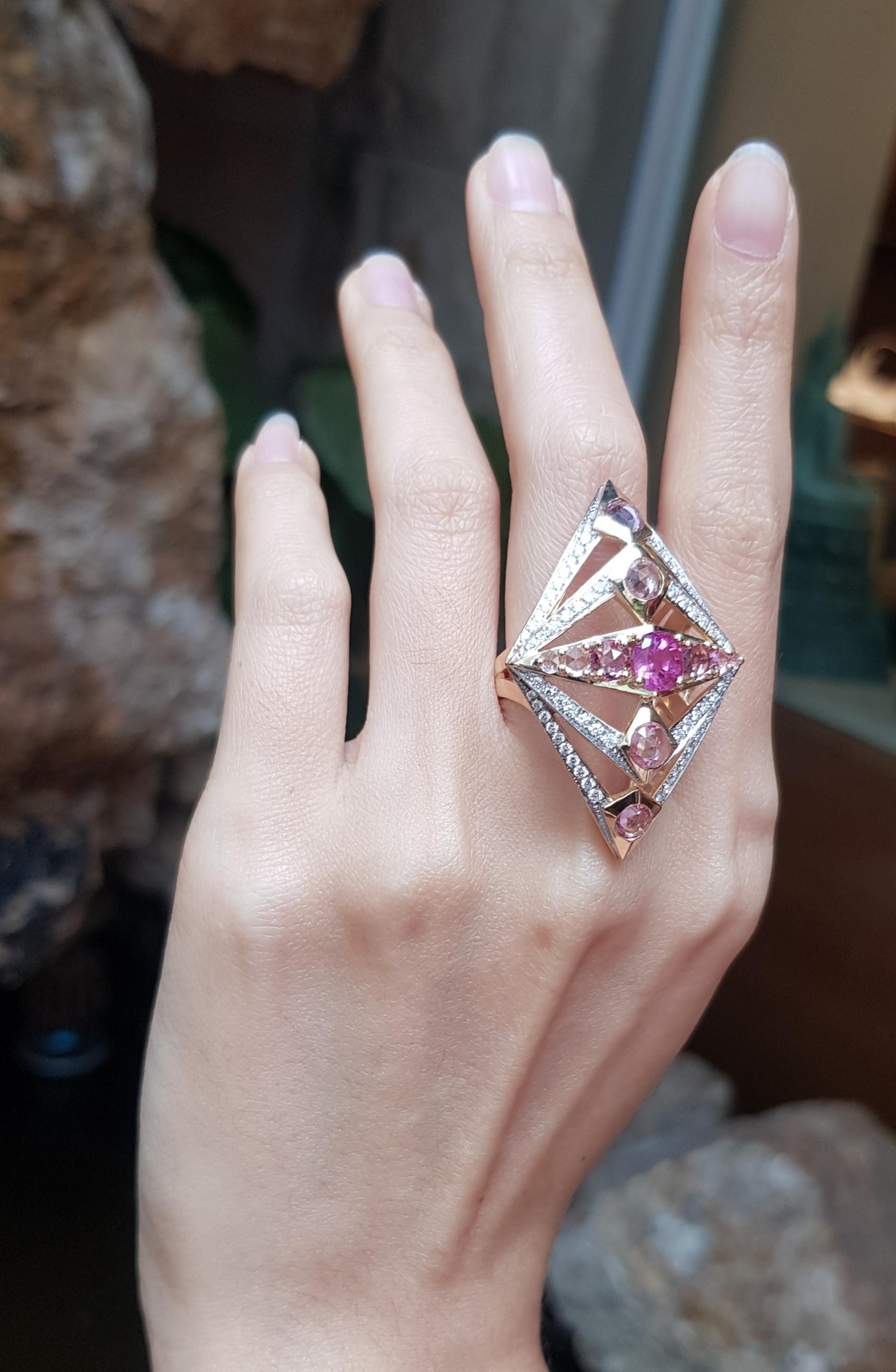 Mixed Cut Pink Sapphire with Diamond Ring Set in 18 Karat Gold Settings For Sale