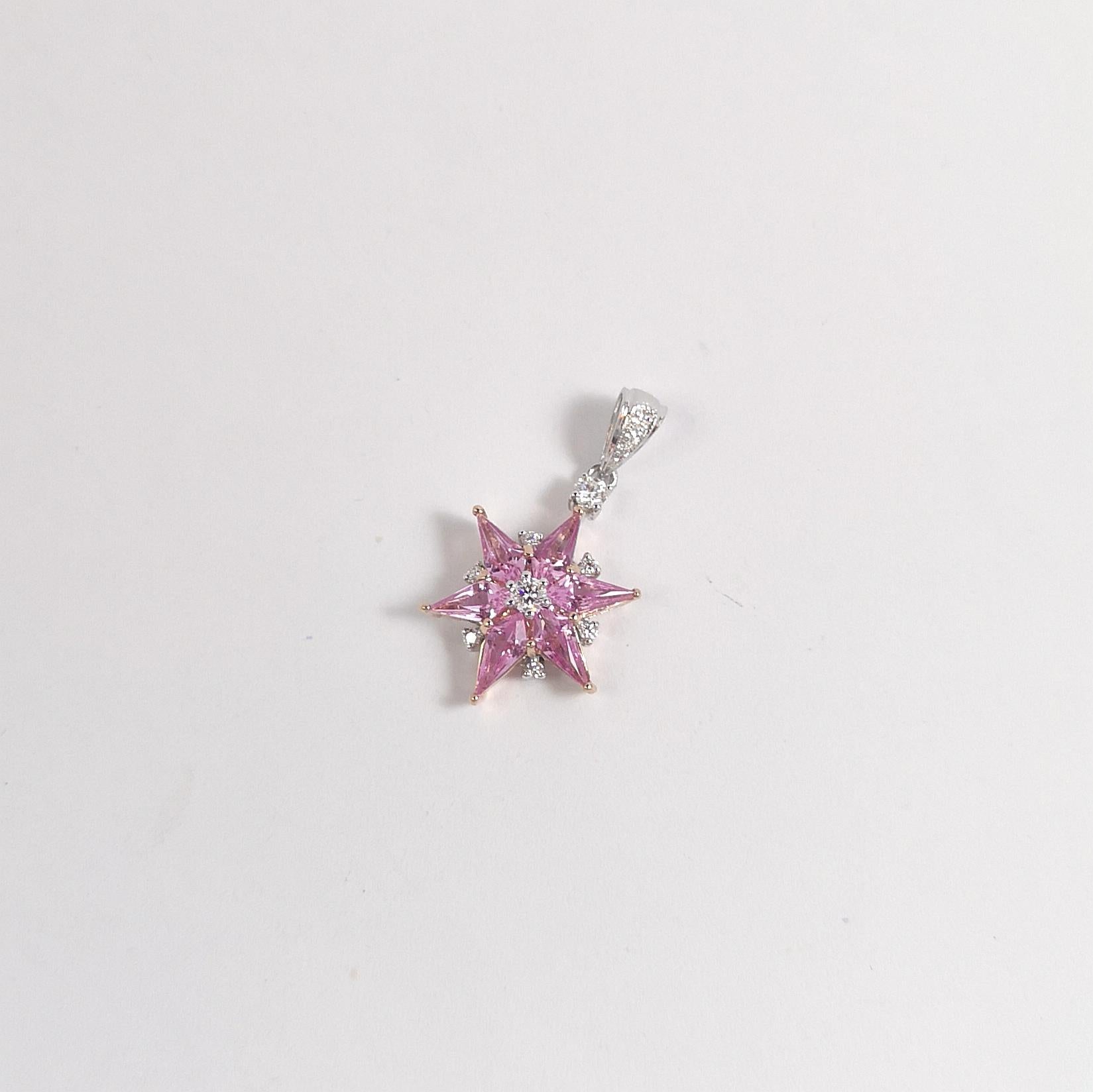 Ciondolo a stella con zaffiro rosa e diamante in oro rosa/bianco 18 carati in vendita 3