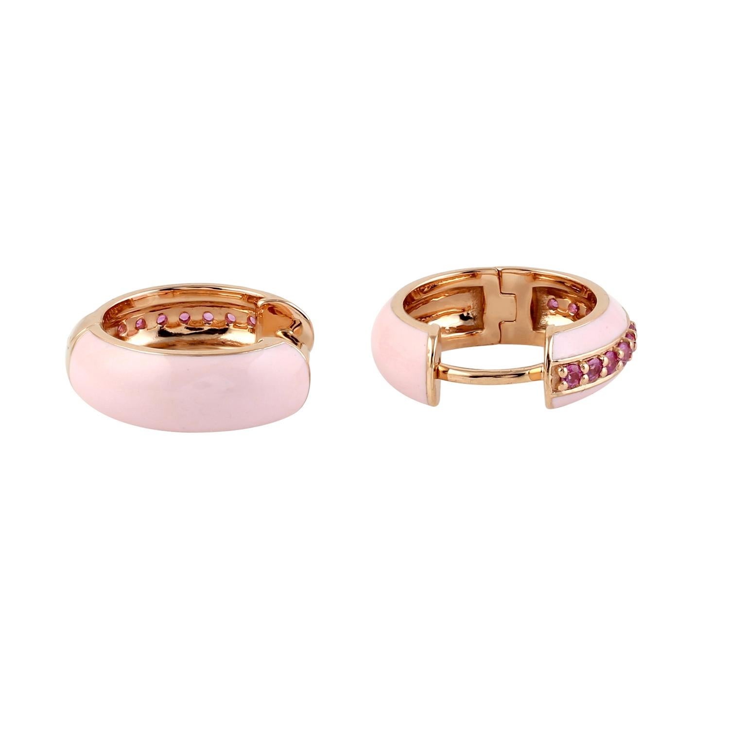 Artisan Pink Sapphire With Pink Enamel Hoop Earrings Made In 14K Rose Gold