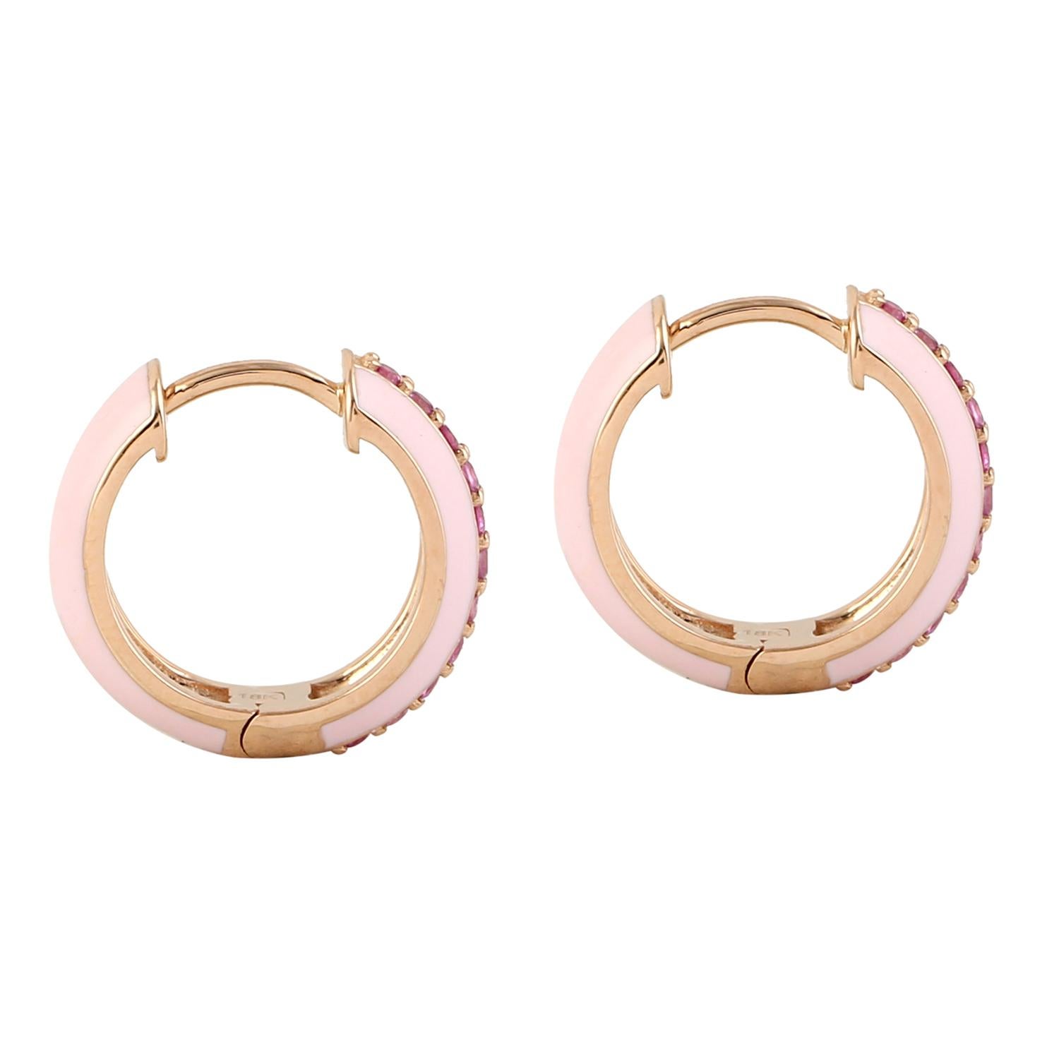 Mixed Cut Pink Sapphire With Pink Enamel Hoop Earrings Made In 14K Rose Gold