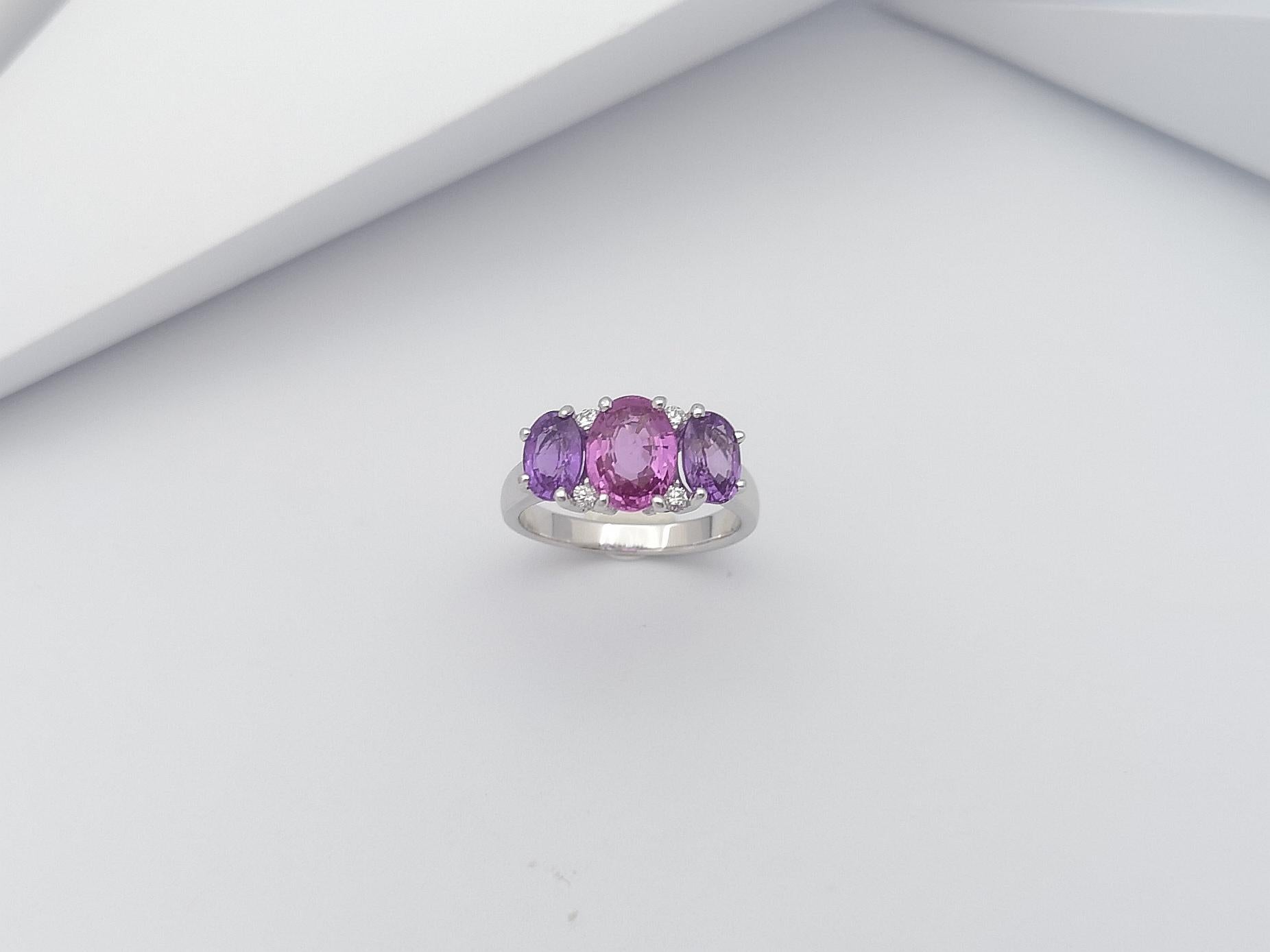 Pink Sapphire with Purple Sapphire and Diamond Ring Set in 18 Karat White Gold For Sale 5