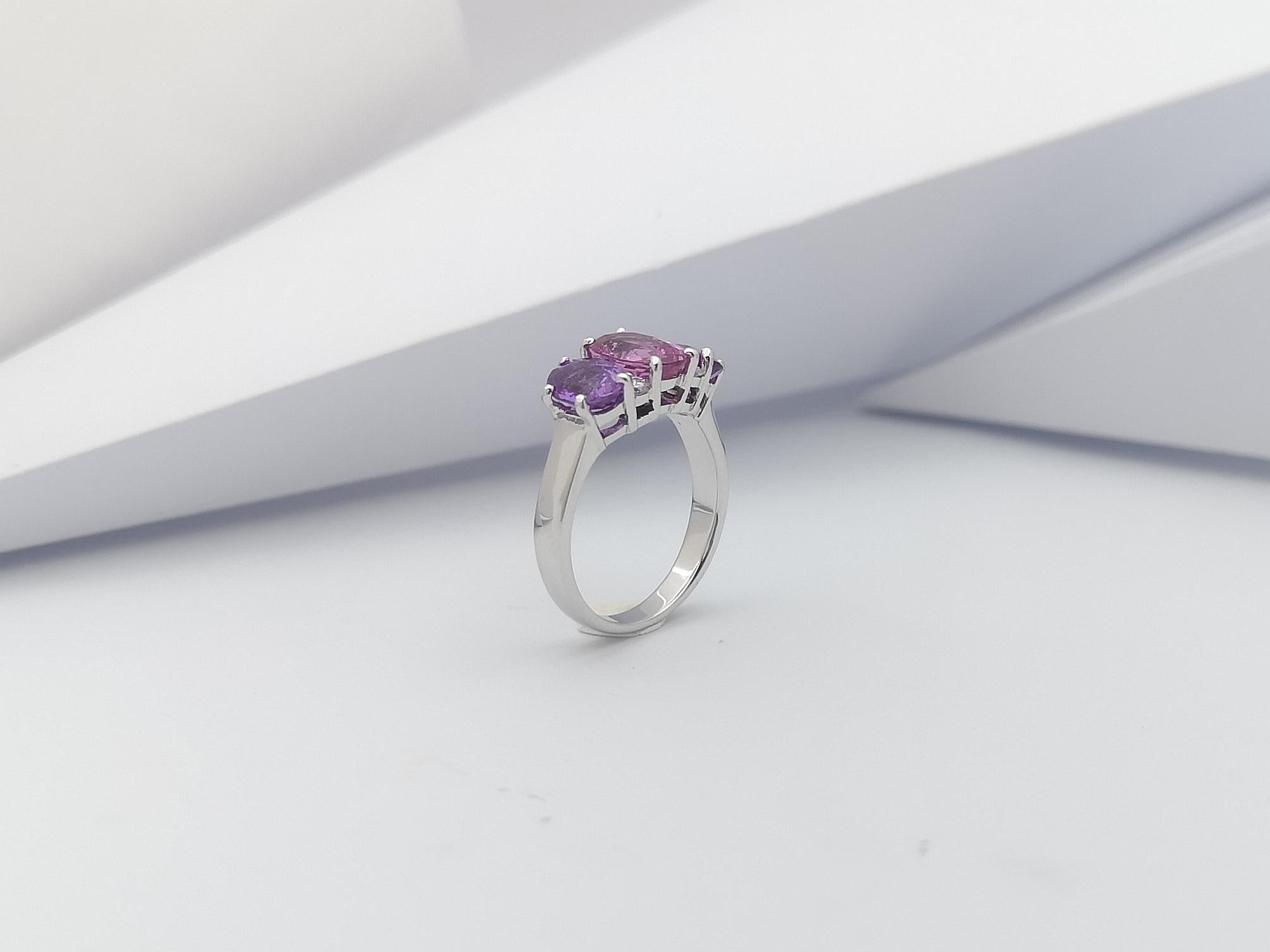 Pink Sapphire with Purple Sapphire and Diamond Ring Set in 18 Karat White Gold For Sale 6