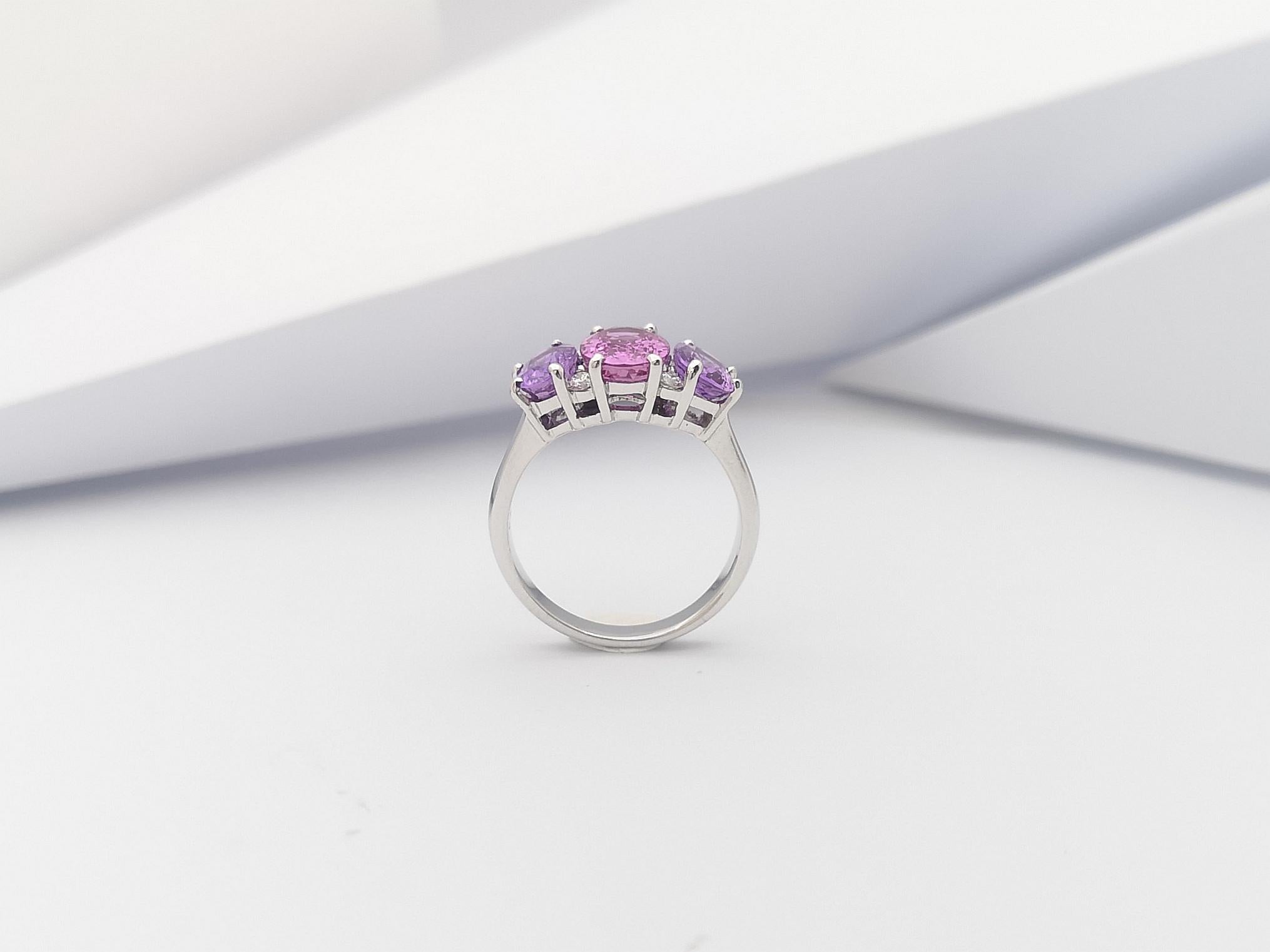 Pink Sapphire with Purple Sapphire and Diamond Ring Set in 18 Karat White Gold For Sale 8