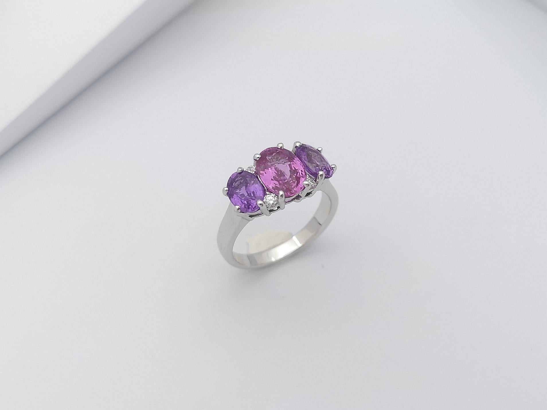 Pink Sapphire with Purple Sapphire and Diamond Ring Set in 18 Karat White Gold For Sale 9