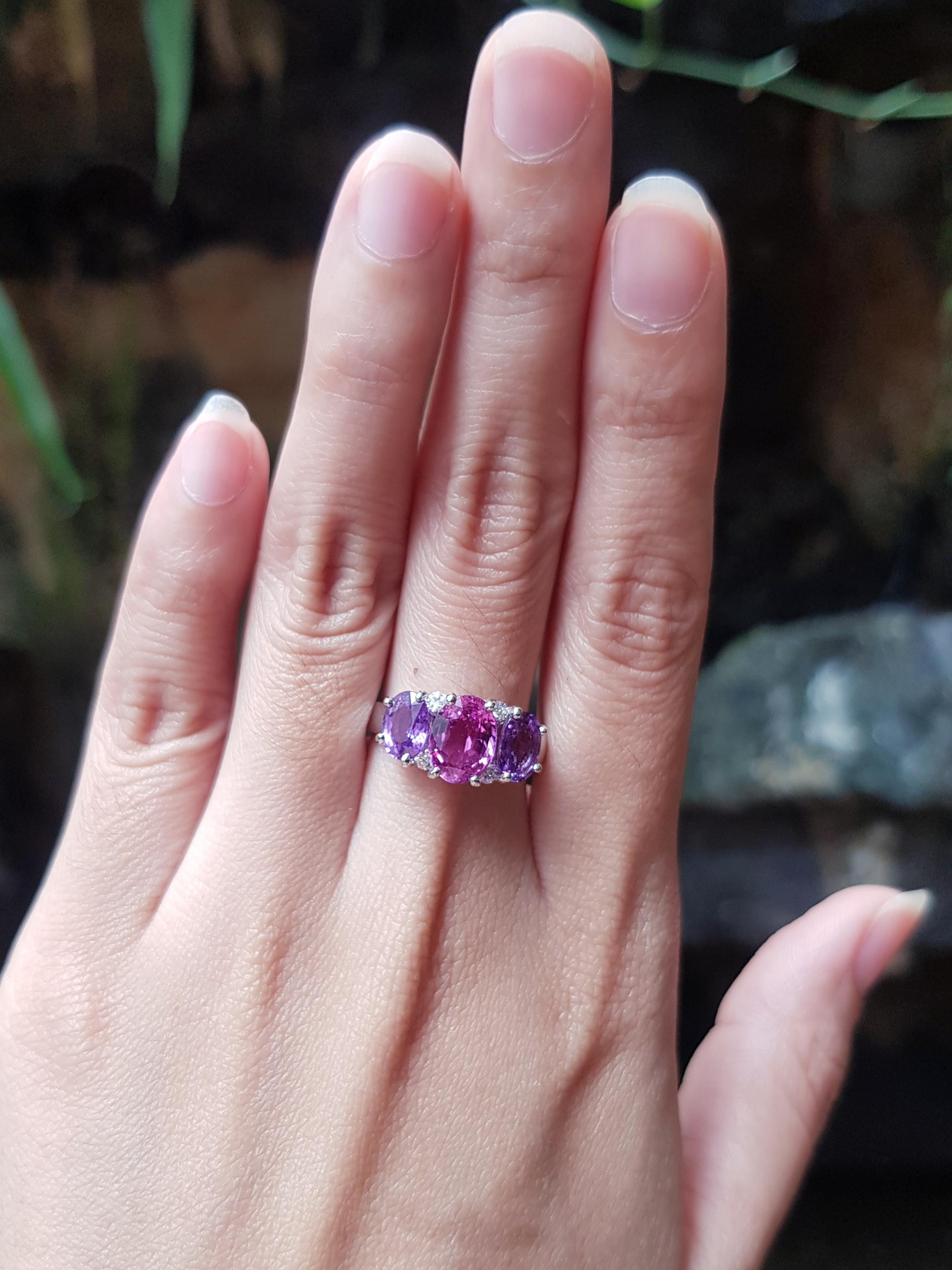 Pink Sapphire 2.23 carats with Purple Sapphire 2.11 carats and Diamond 0.13 carat Ring set in 18 Karat White Gold Settings

Width:  1.7 cm 
Length: 0.8 cm
Ring Size: 54
Total Weight: 6.14 grams

