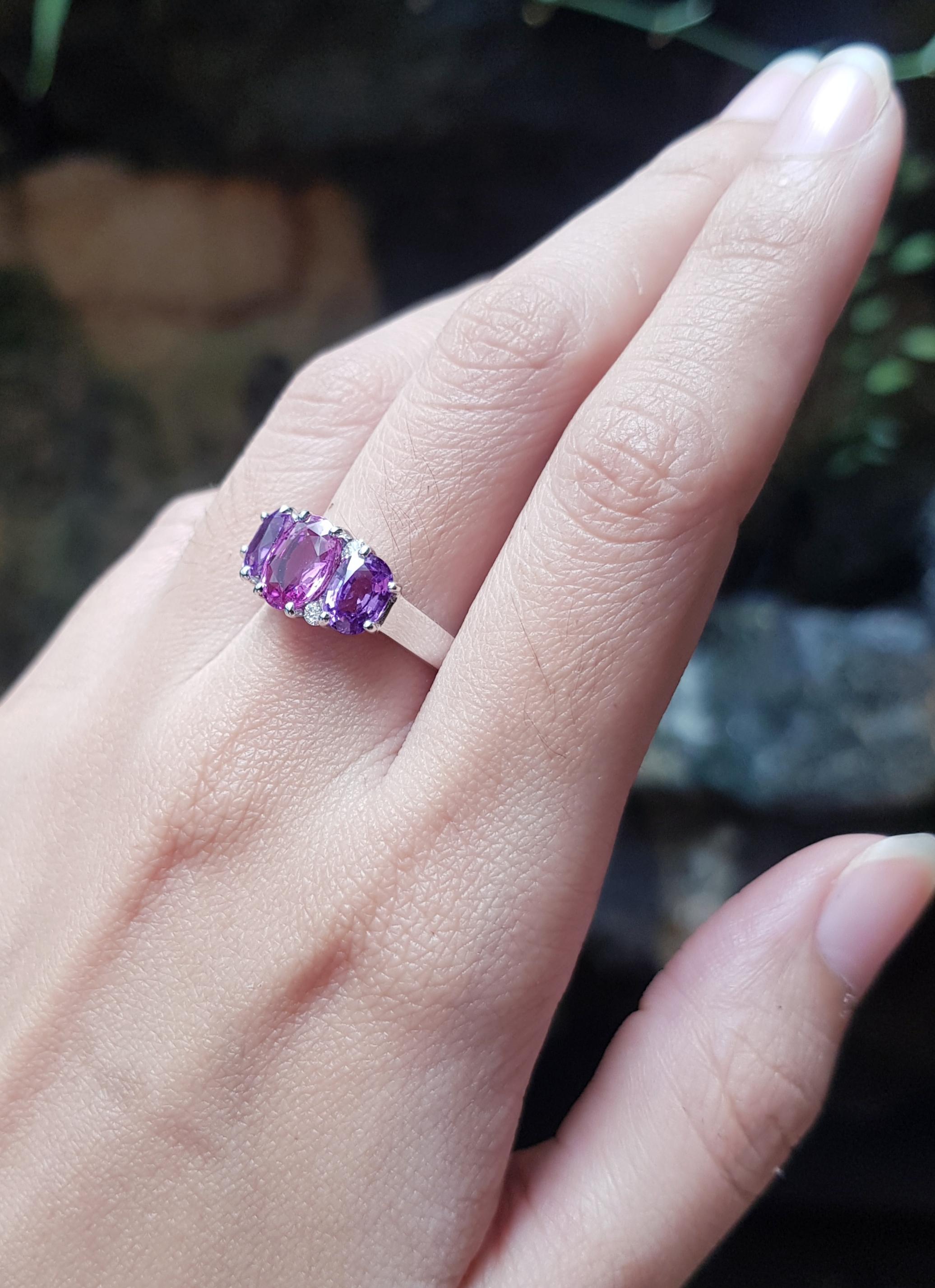 Contemporary Pink Sapphire with Purple Sapphire and Diamond Ring Set in 18 Karat White Gold For Sale