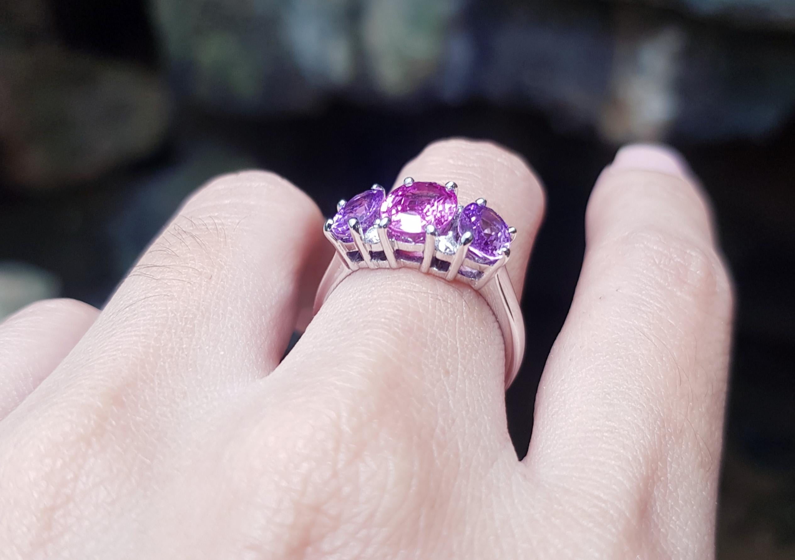 Oval Cut Pink Sapphire with Purple Sapphire and Diamond Ring Set in 18 Karat White Gold For Sale