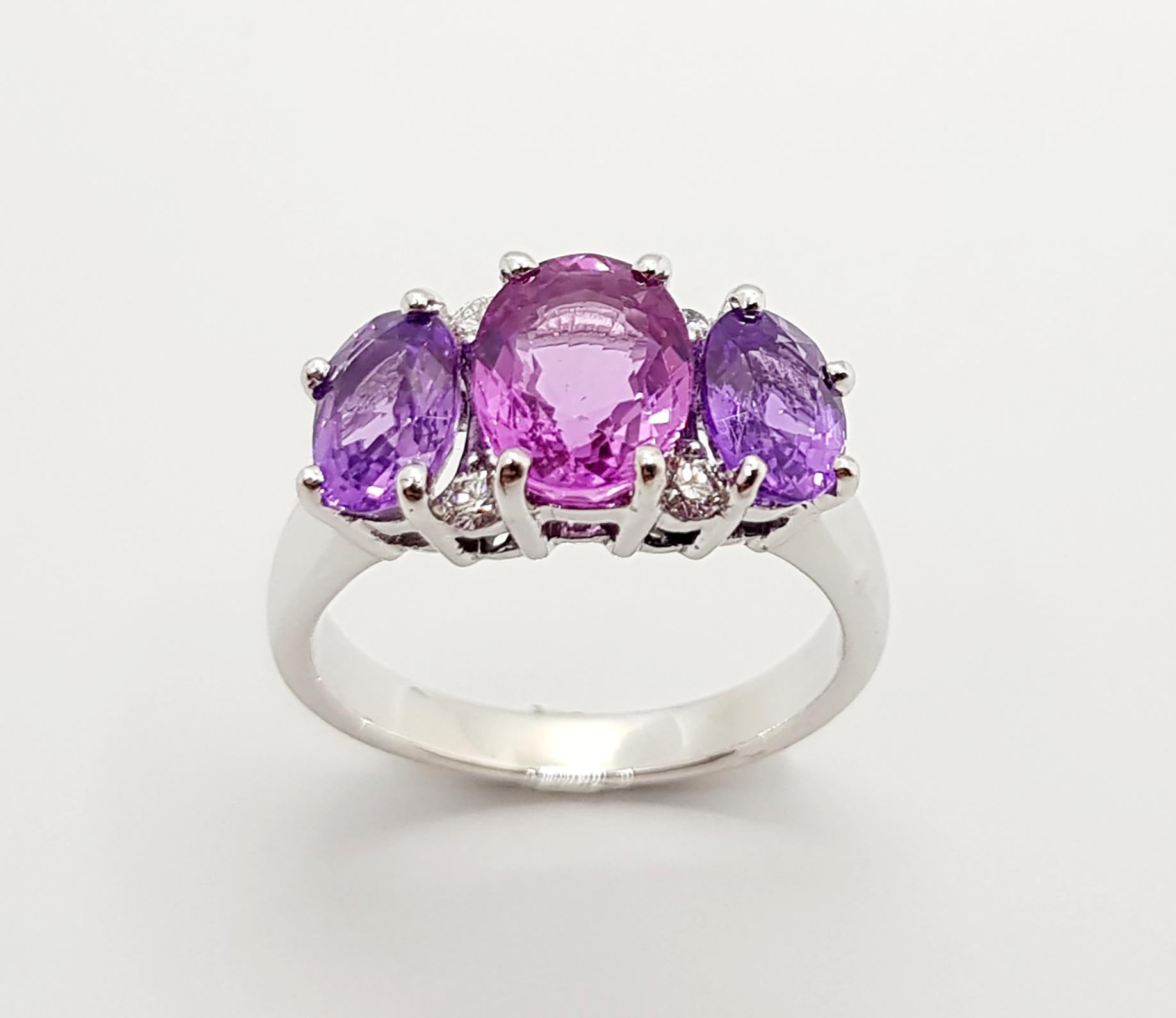 Pink Sapphire with Purple Sapphire and Diamond Ring Set in 18 Karat White Gold For Sale 1