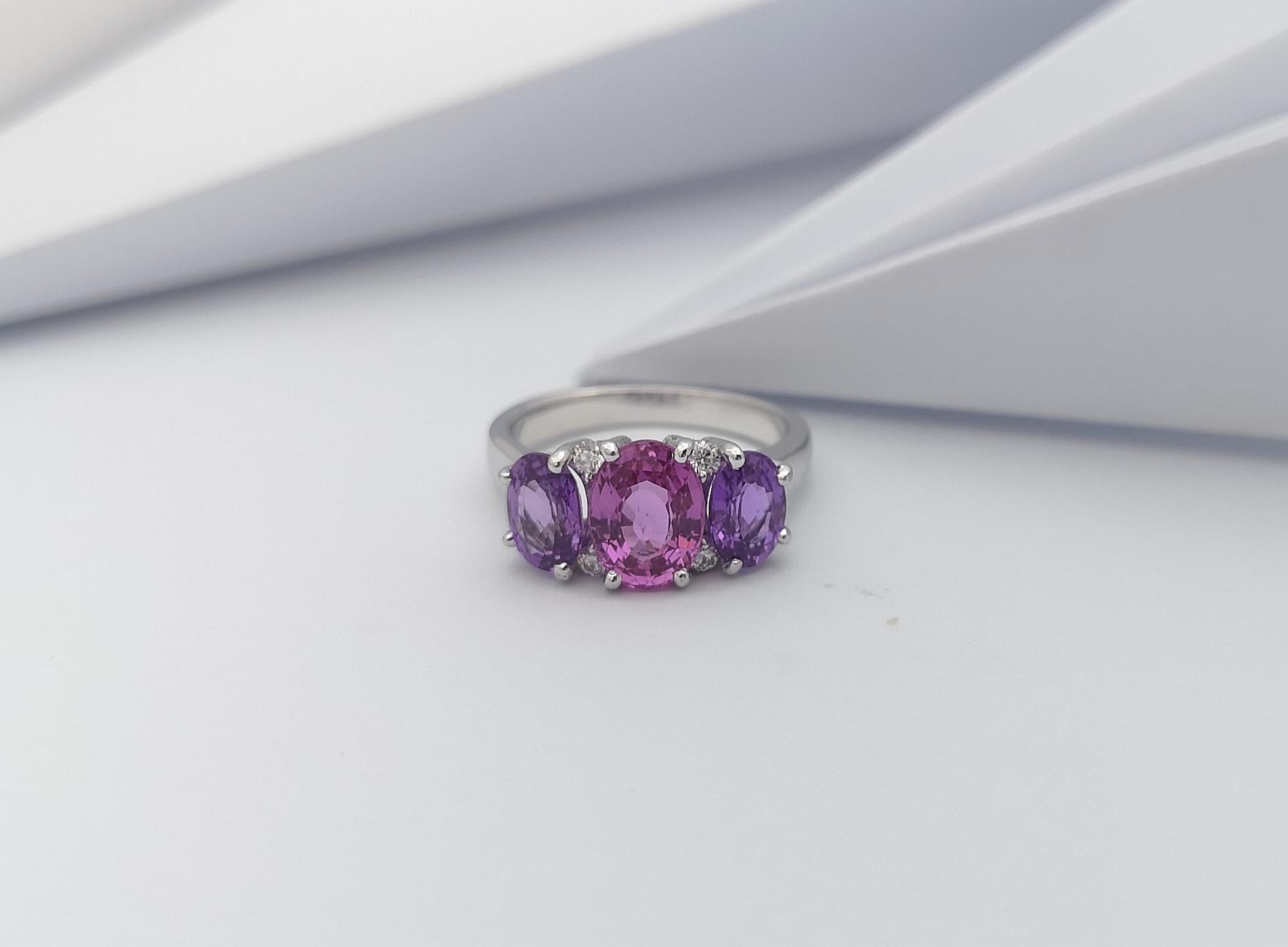 Pink Sapphire with Purple Sapphire and Diamond Ring Set in 18 Karat White Gold For Sale 2