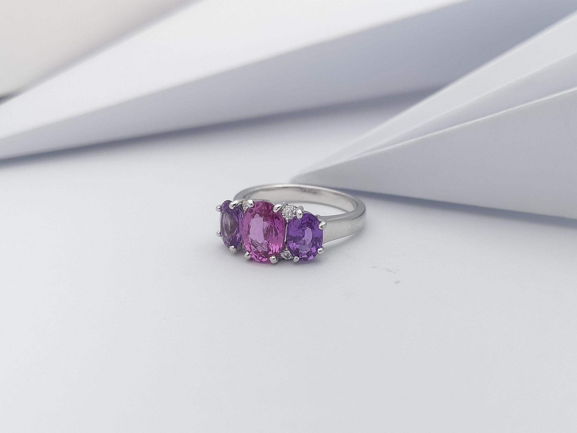 Pink Sapphire with Purple Sapphire and Diamond Ring Set in 18 Karat White Gold For Sale 3