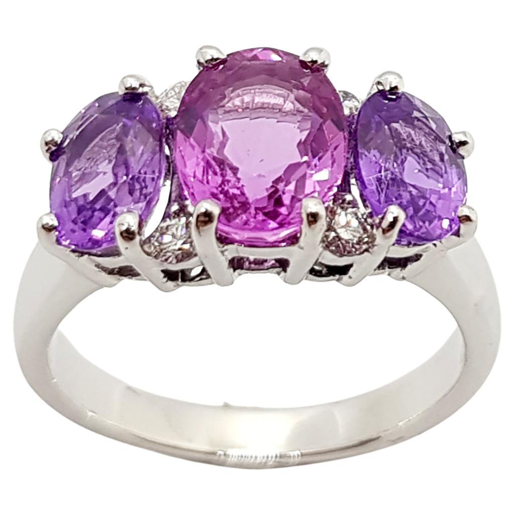 Pink Sapphire with Purple Sapphire and Diamond Ring Set in 18 Karat White Gold For Sale