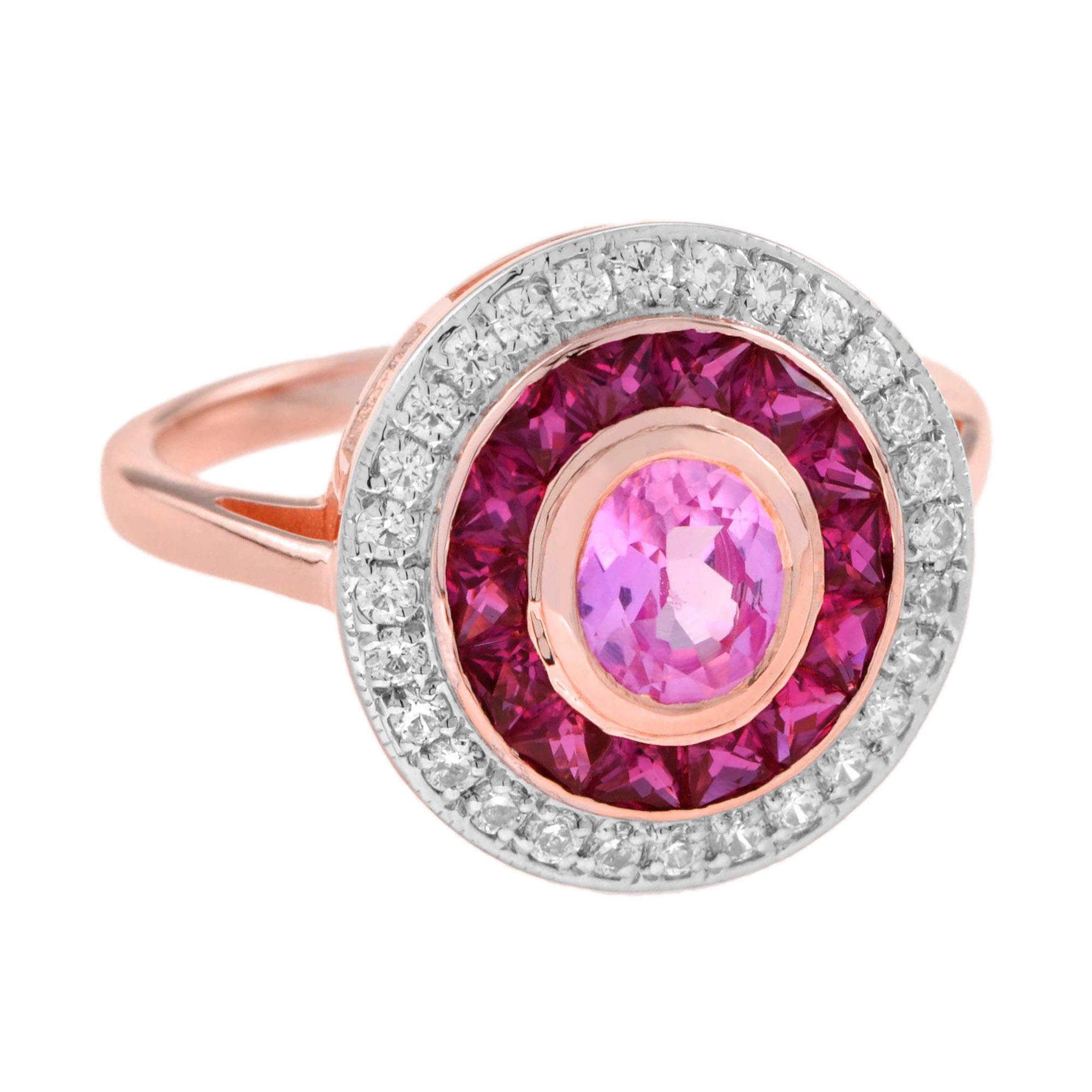 For Sale:  Pink Sapphire with Ruby Diamond Art Deco Style Halo Ring in 14k Two Tone Gold 2