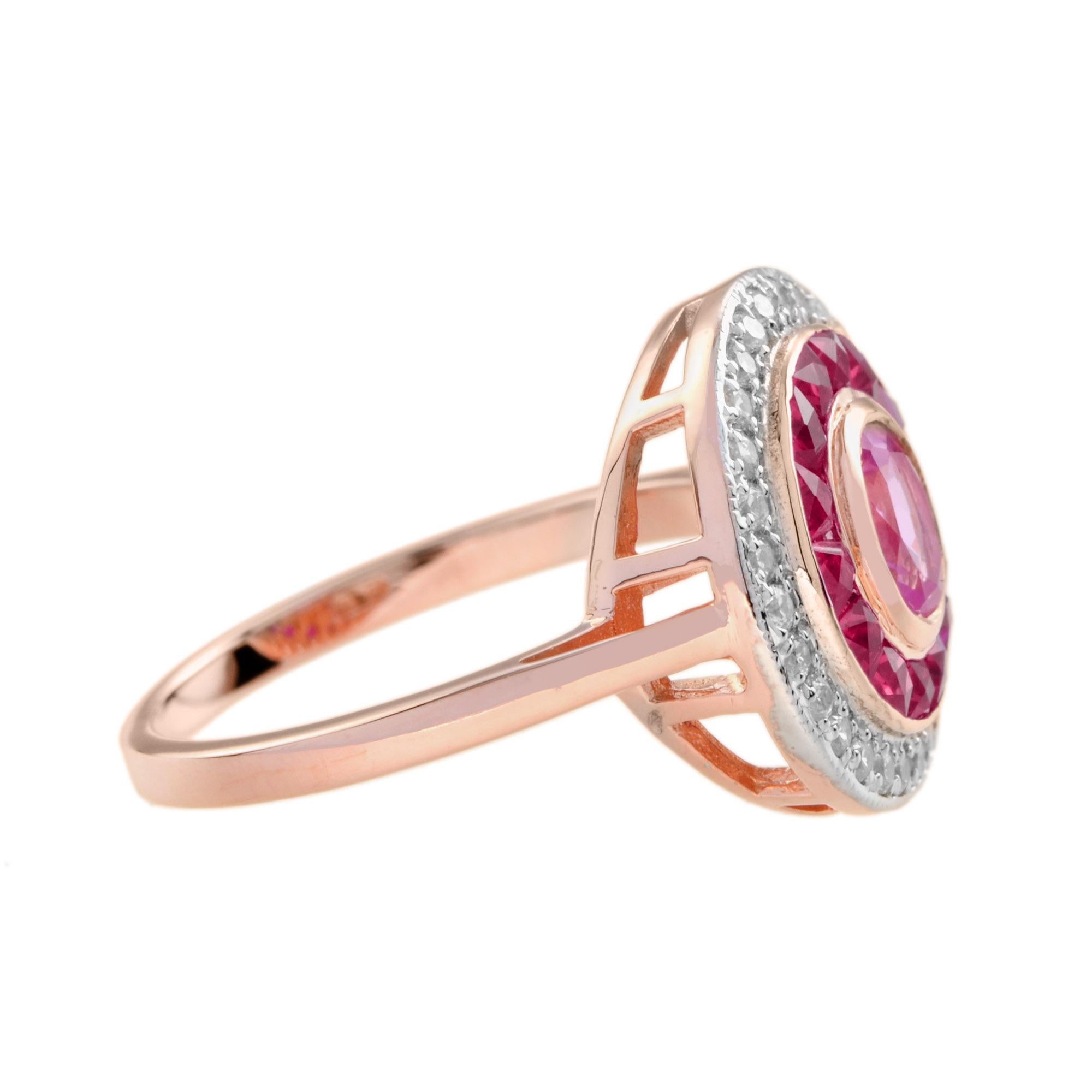 For Sale:  Pink Sapphire with Ruby Diamond Art Deco Style Halo Ring in 14k Two Tone Gold 3