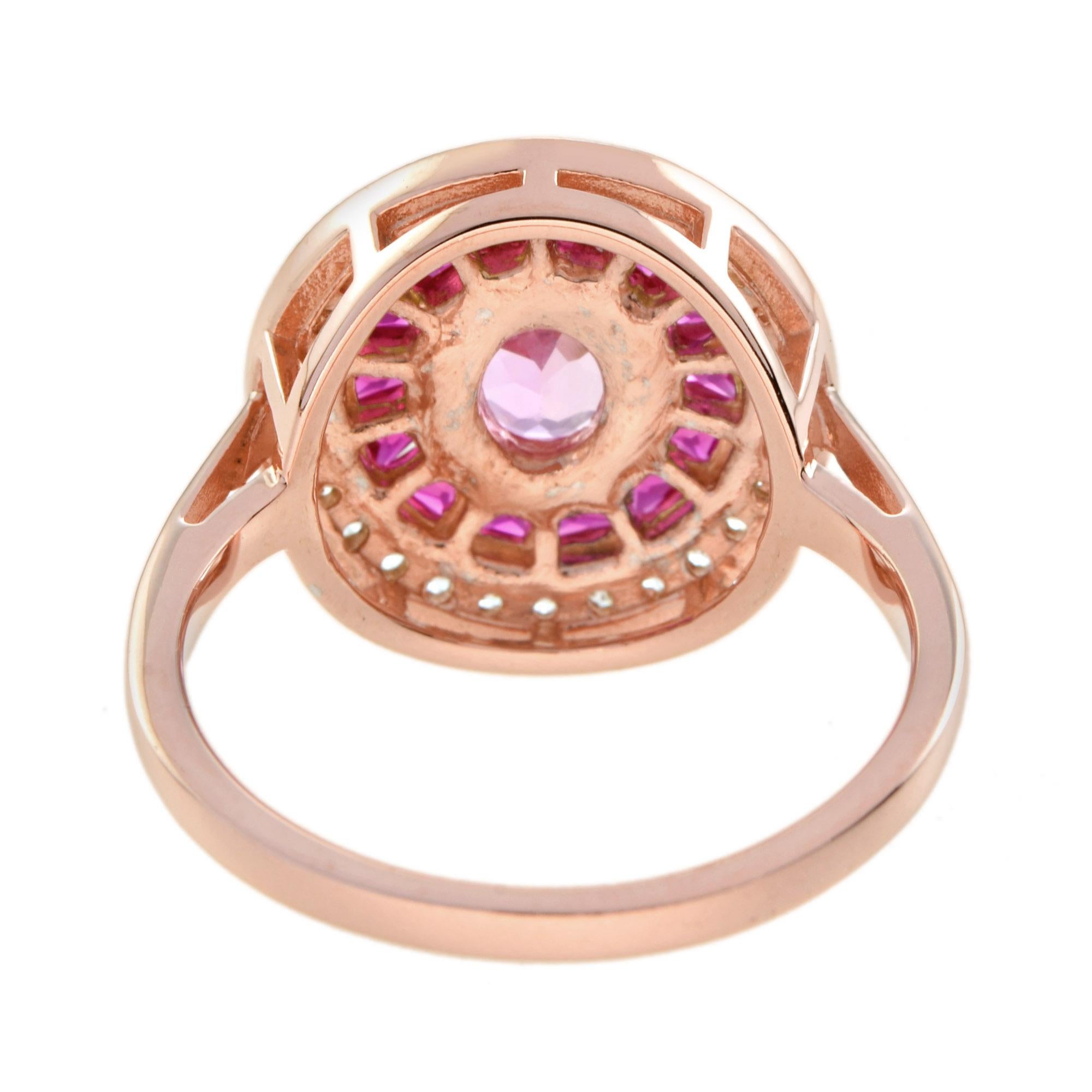 For Sale:  Pink Sapphire with Ruby Diamond Art Deco Style Halo Ring in 14k Two Tone Gold 4