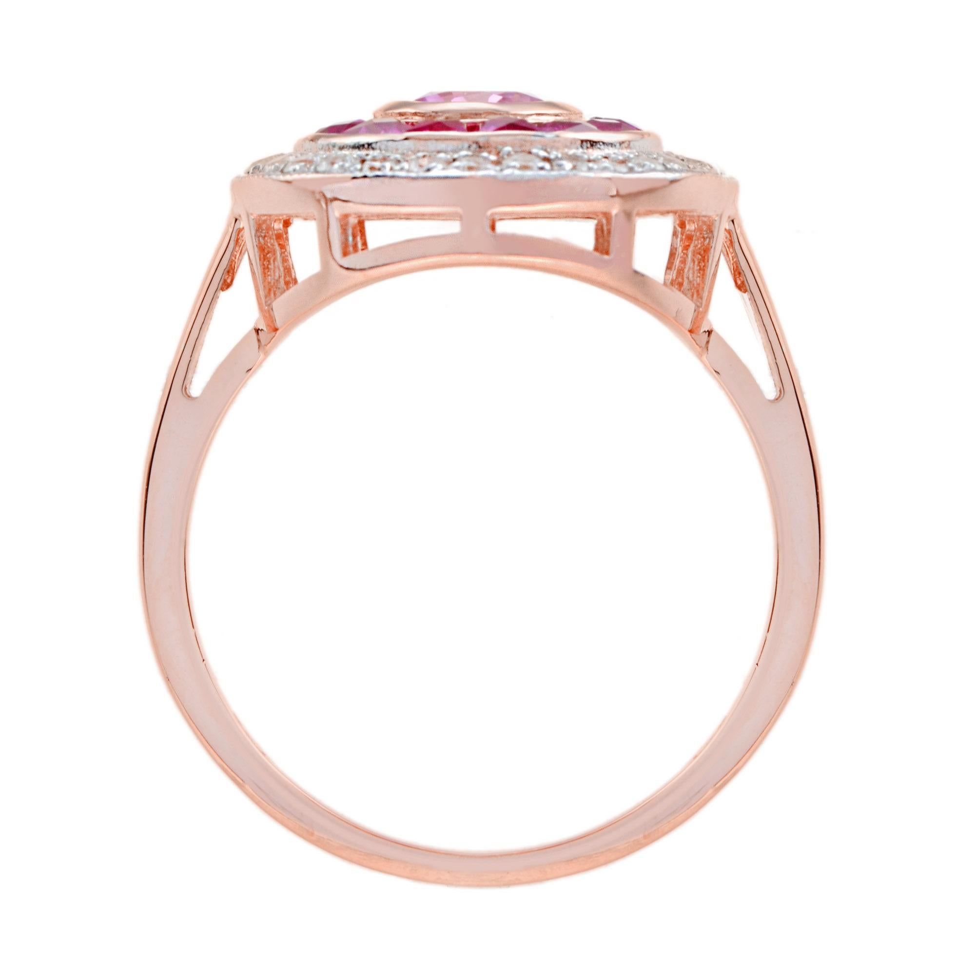 For Sale:  Pink Sapphire with Ruby Diamond Art Deco Style Halo Ring in 14k Two Tone Gold 5