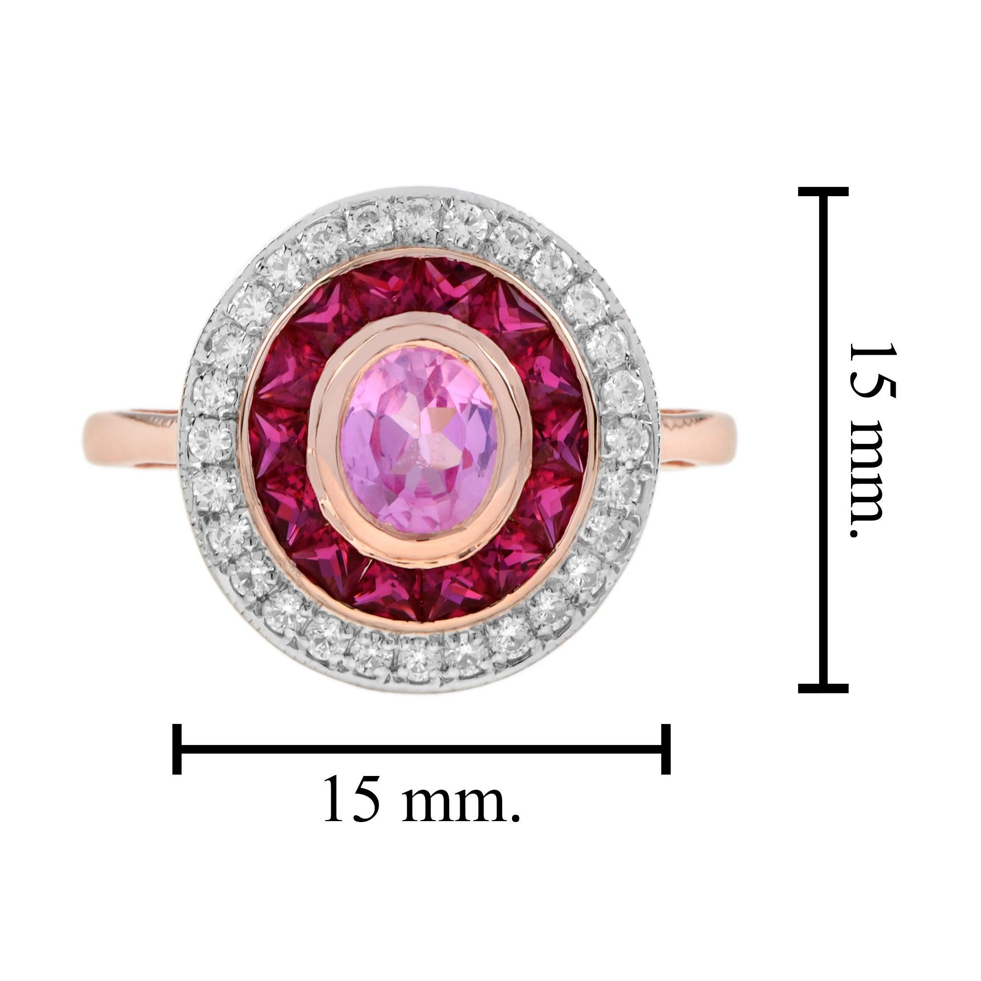 For Sale:  Pink Sapphire with Ruby Diamond Art Deco Style Halo Ring in 14k Two Tone Gold 6