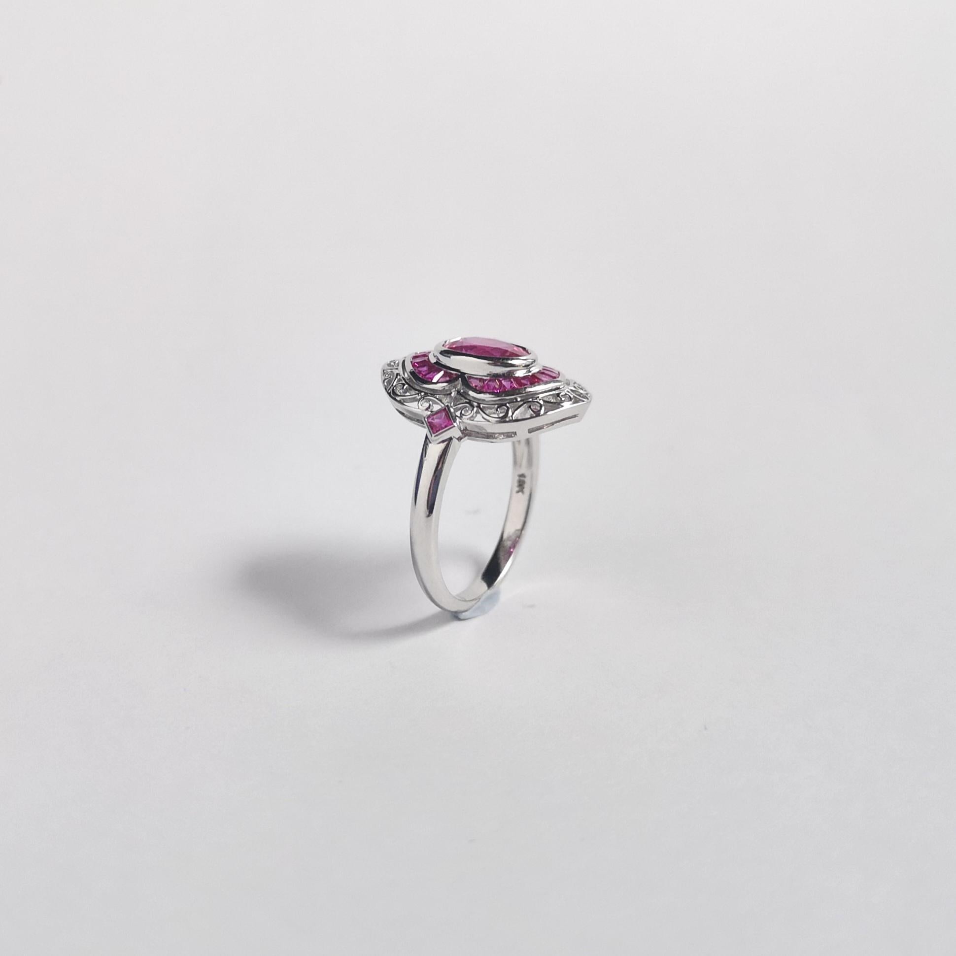 Anello con zaffiro rosa e rubino incastonato in oro bianco 18 carati in vendita 7