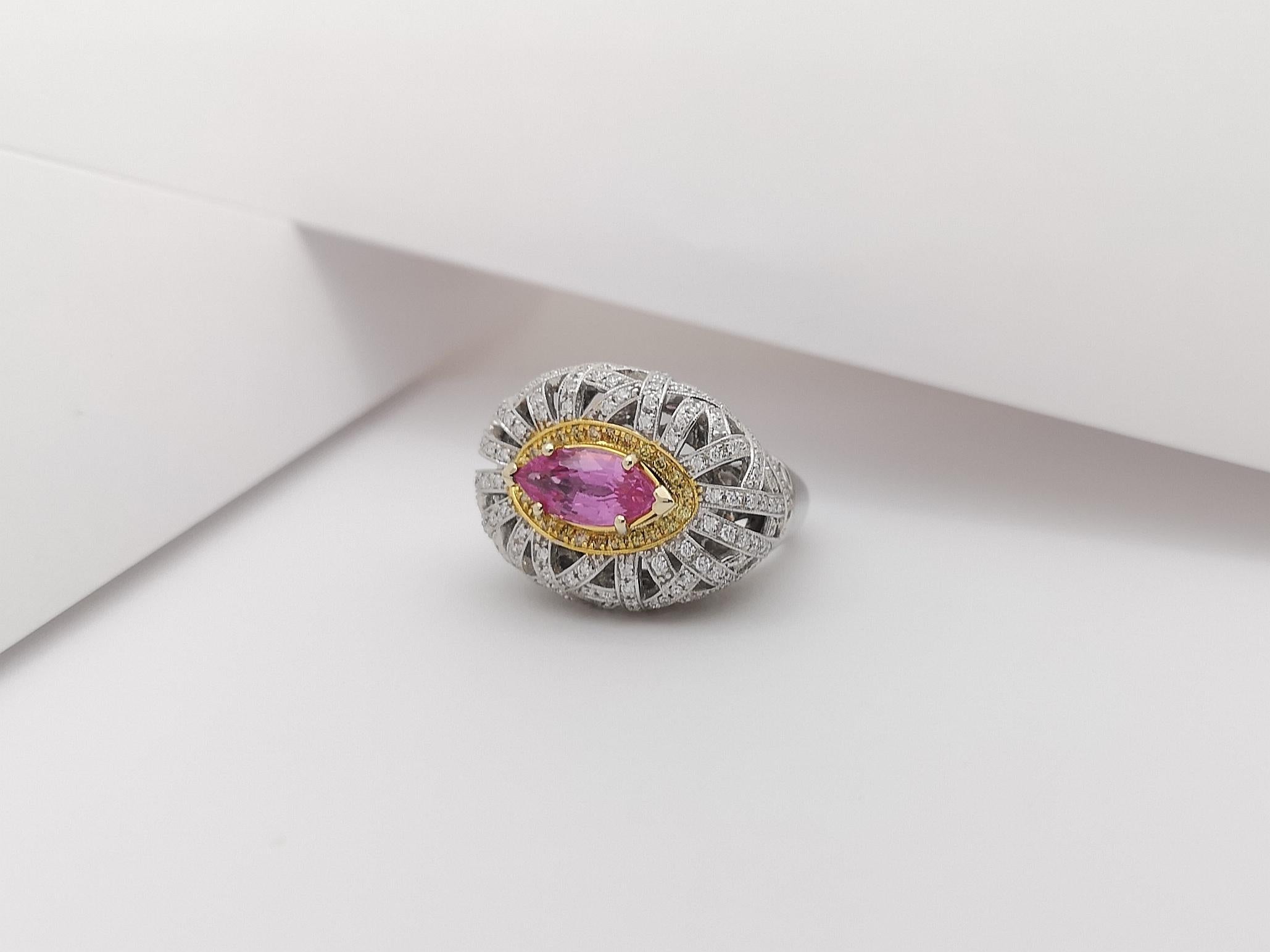 Pink Sapphire with Yellow Diamond and Diamond Ring Set in 18 Karat White Gold For Sale 3