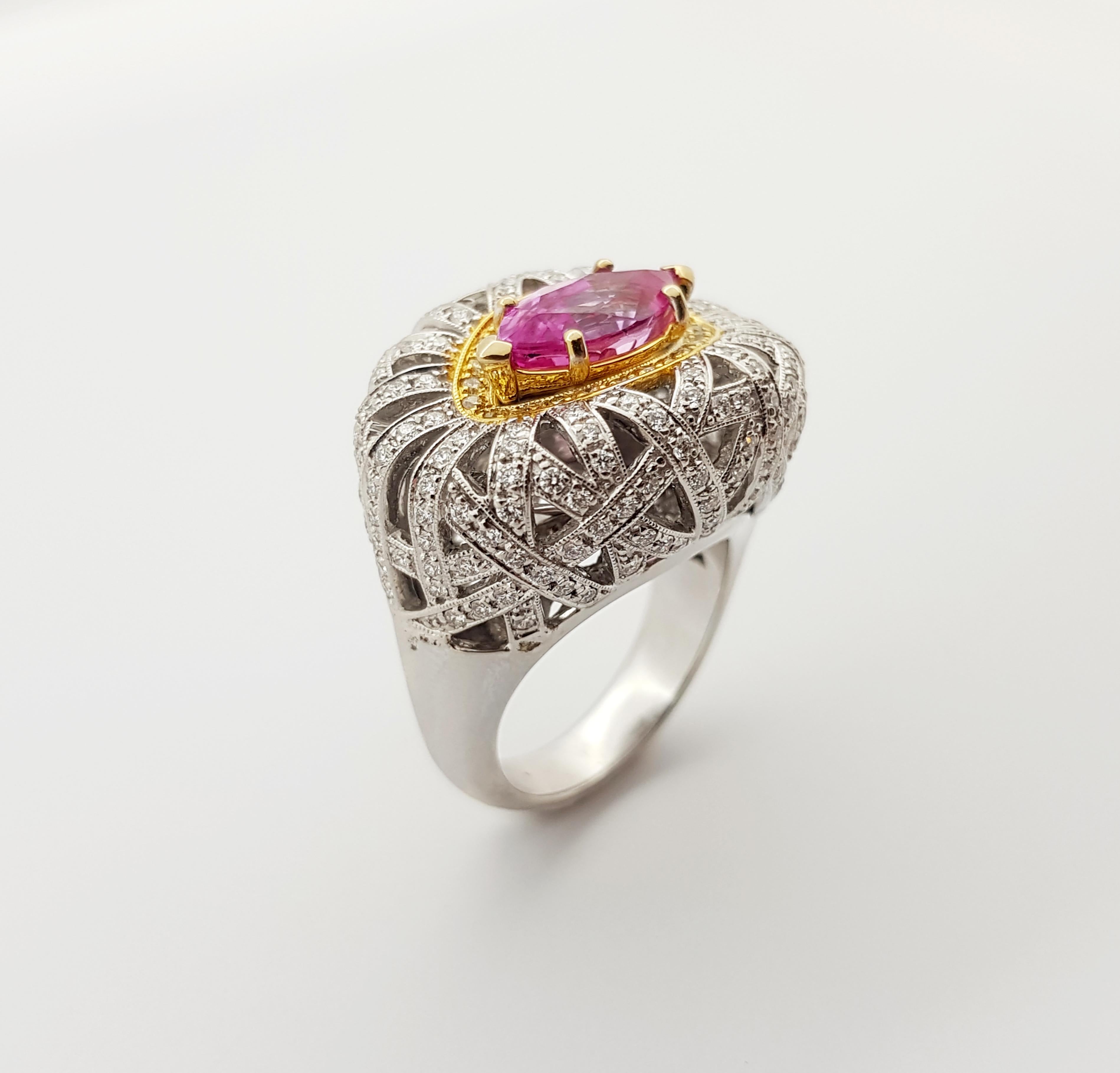Pink Sapphire with Yellow Diamond and Diamond Ring Set in 18 Karat White Gold For Sale 4