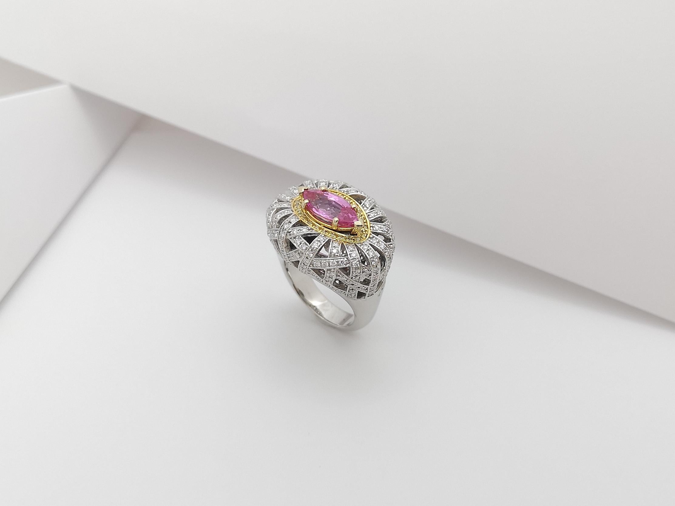 Pink Sapphire with Yellow Diamond and Diamond Ring Set in 18 Karat White Gold For Sale 7