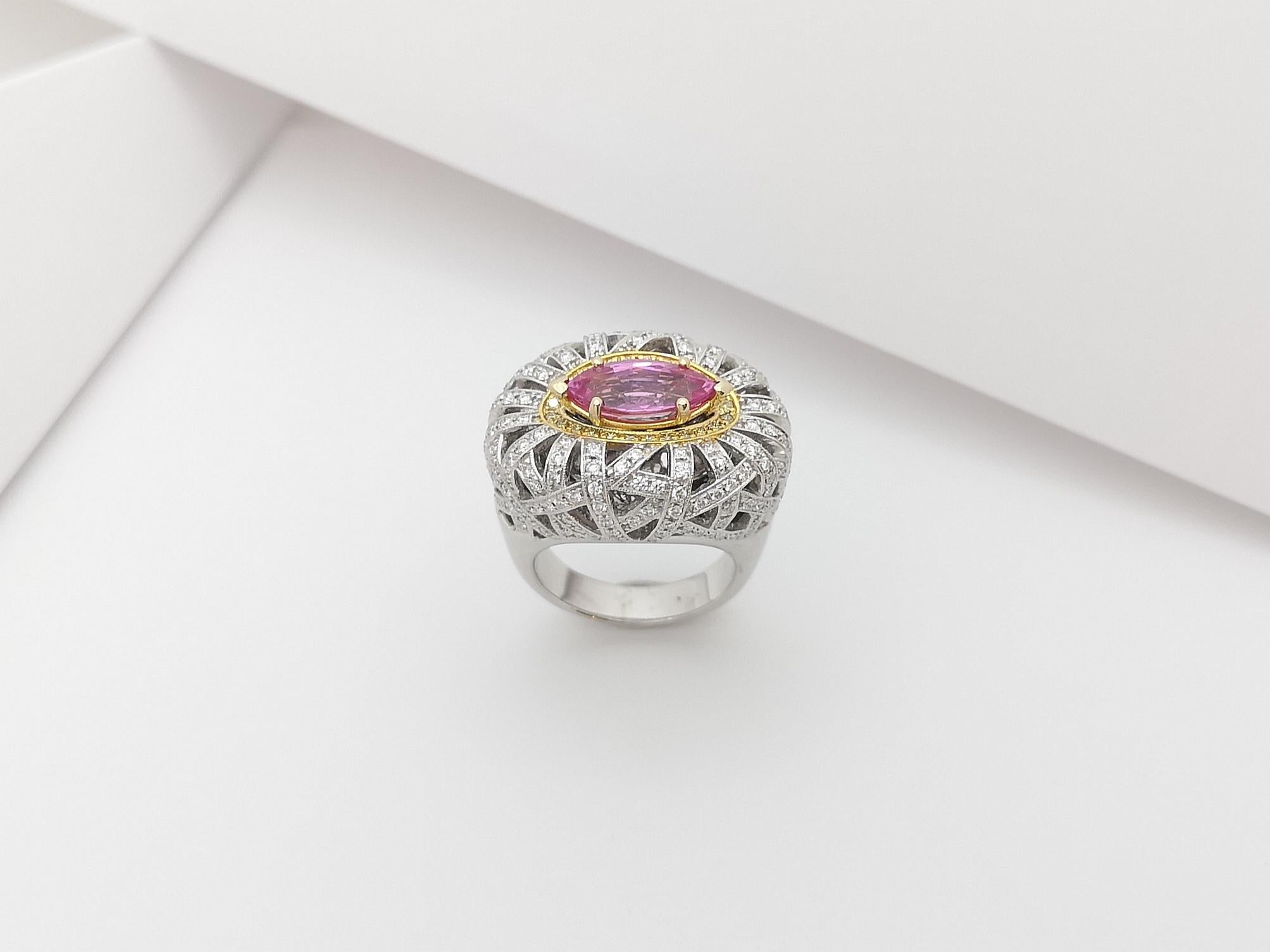 Pink Sapphire with Yellow Diamond and Diamond Ring Set in 18 Karat White Gold For Sale 8