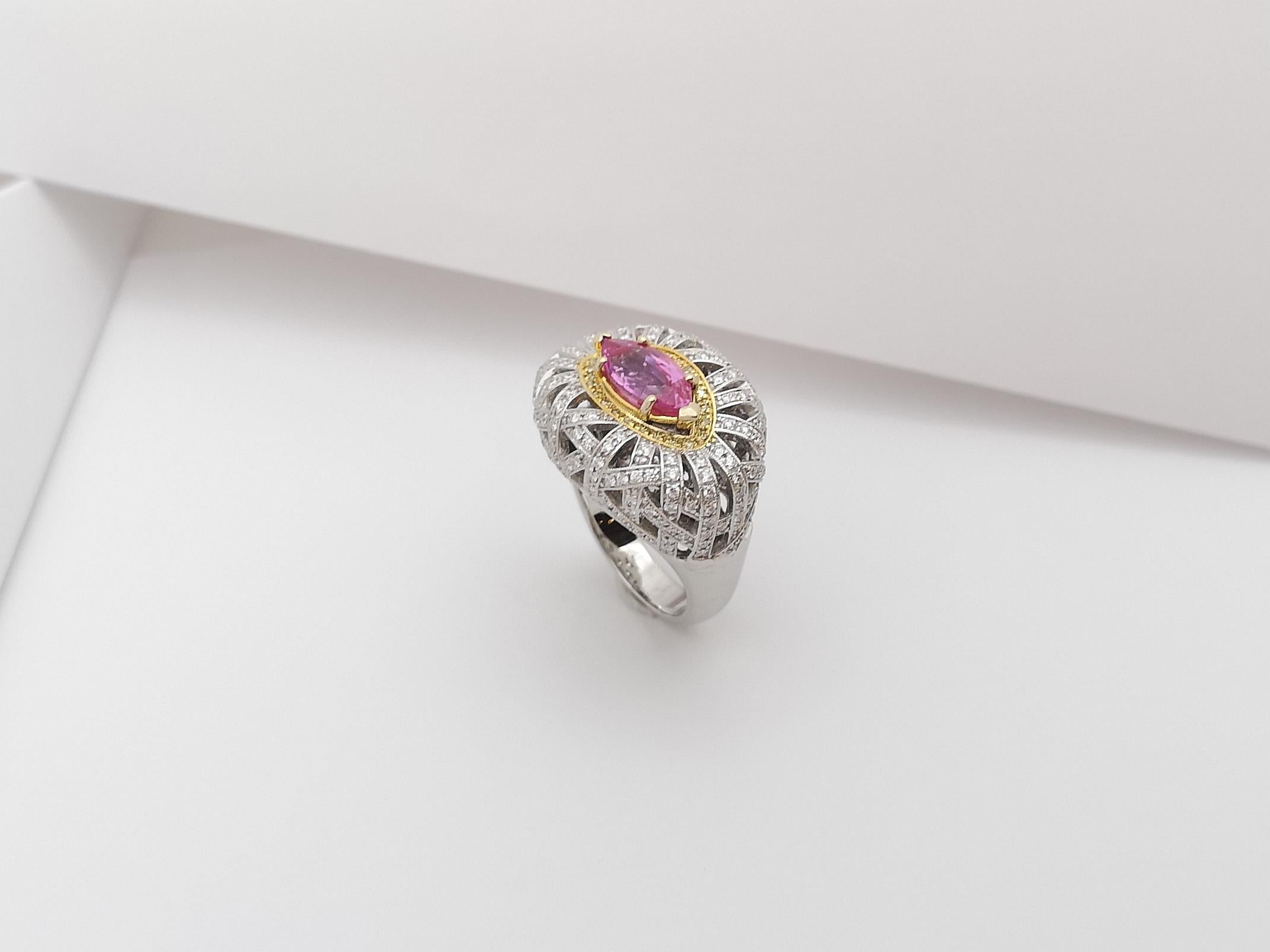 Pink Sapphire with Yellow Diamond and Diamond Ring Set in 18 Karat White Gold For Sale 10