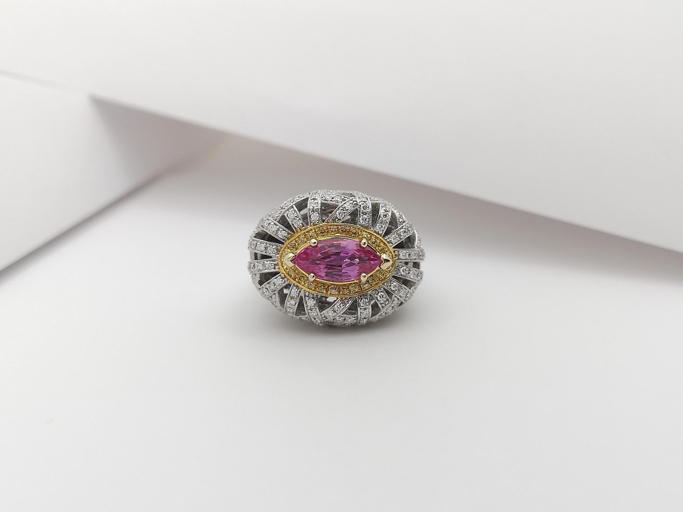 Women's Pink Sapphire with Yellow Diamond and Diamond Ring Set in 18 Karat White Gold For Sale