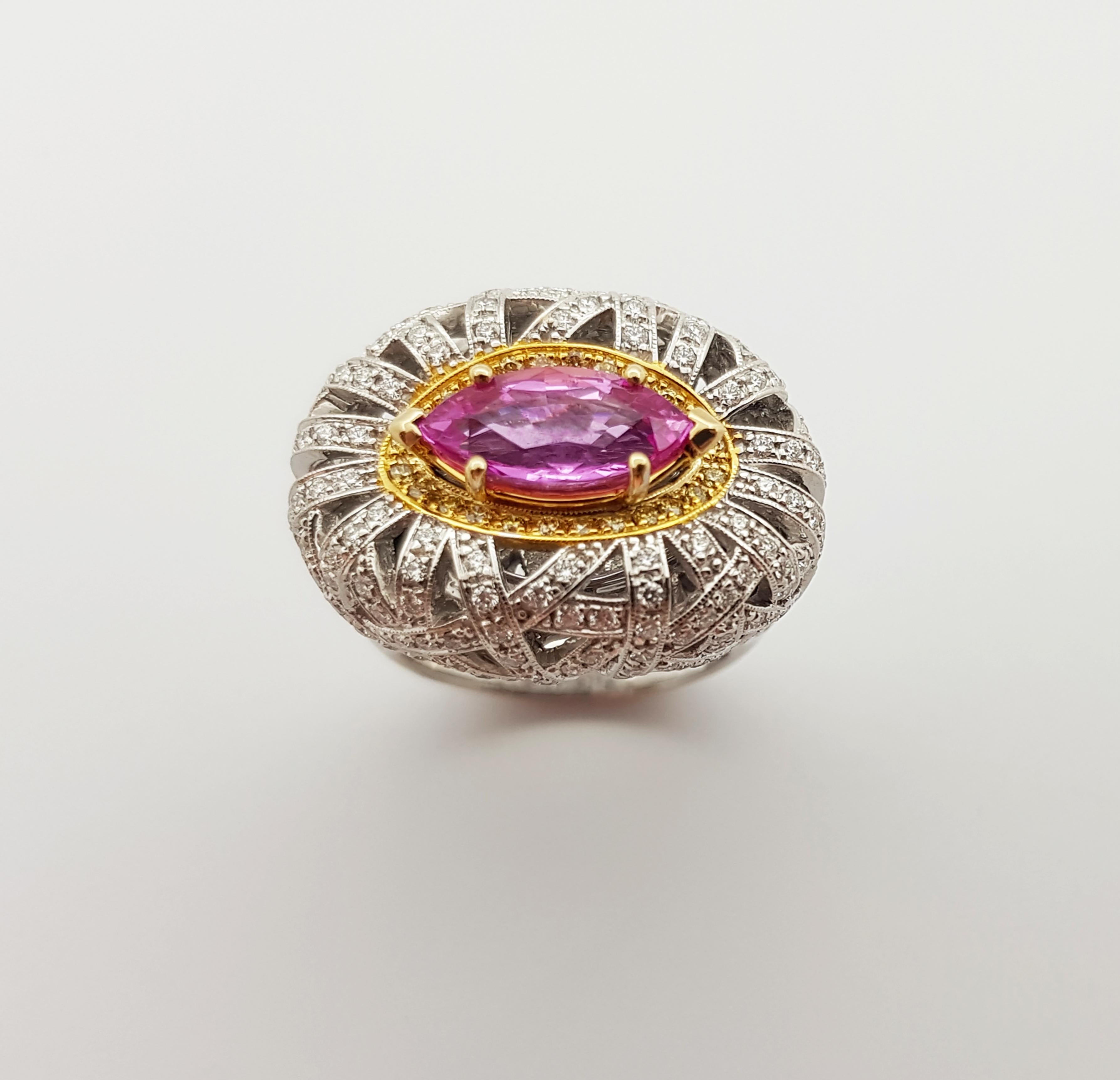 Pink Sapphire with Yellow Diamond and Diamond Ring Set in 18 Karat White Gold For Sale 1