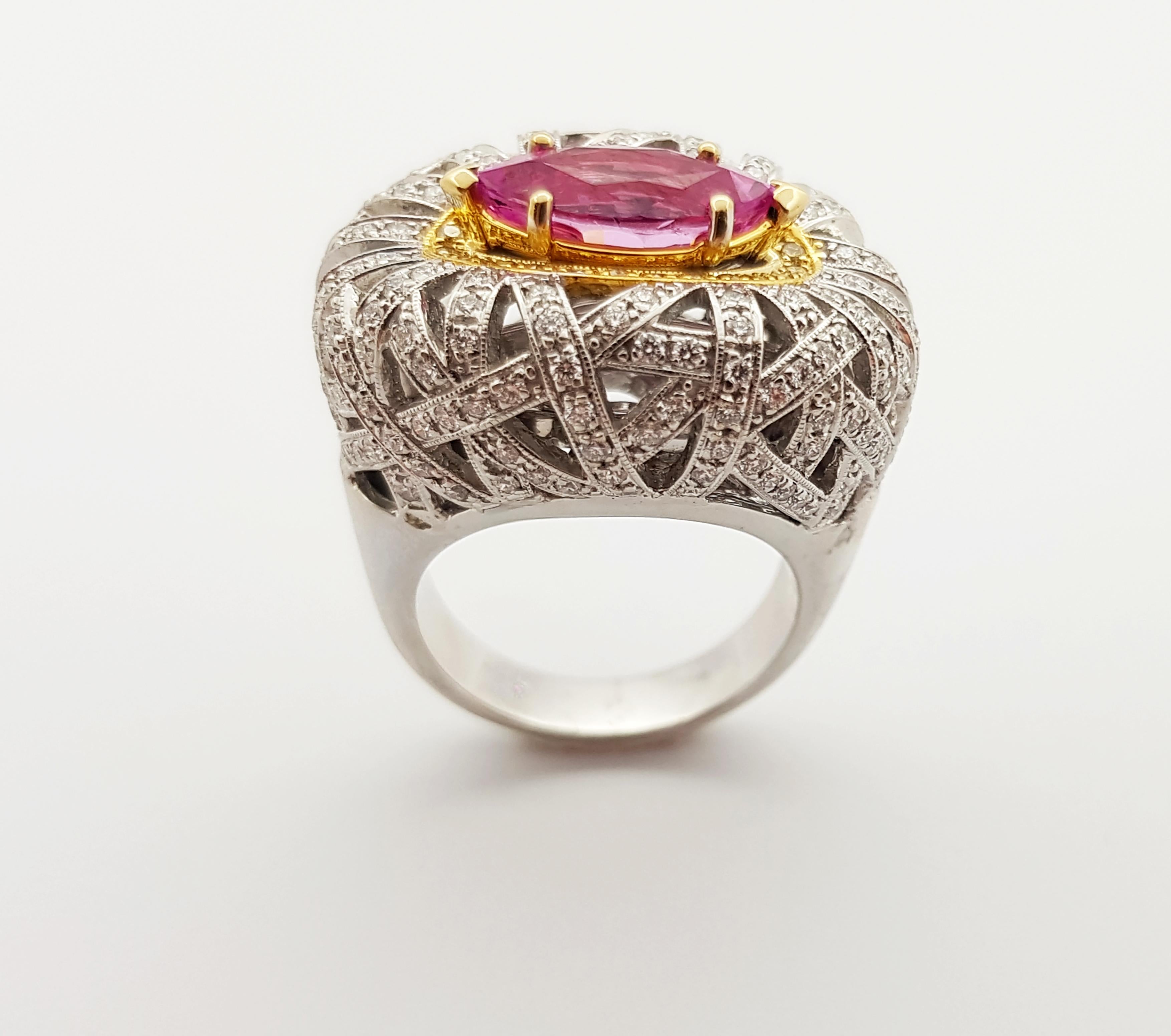 Pink Sapphire with Yellow Diamond and Diamond Ring Set in 18 Karat White Gold For Sale 2