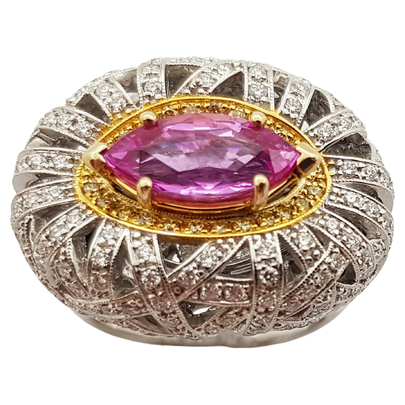 Pink Sapphire with Yellow Diamond and Diamond Ring Set in 18 Karat White Gold For Sale