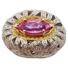 Pink Sapphire with Yellow Diamond and Diamond Ring Set in 18 Karat White Gold