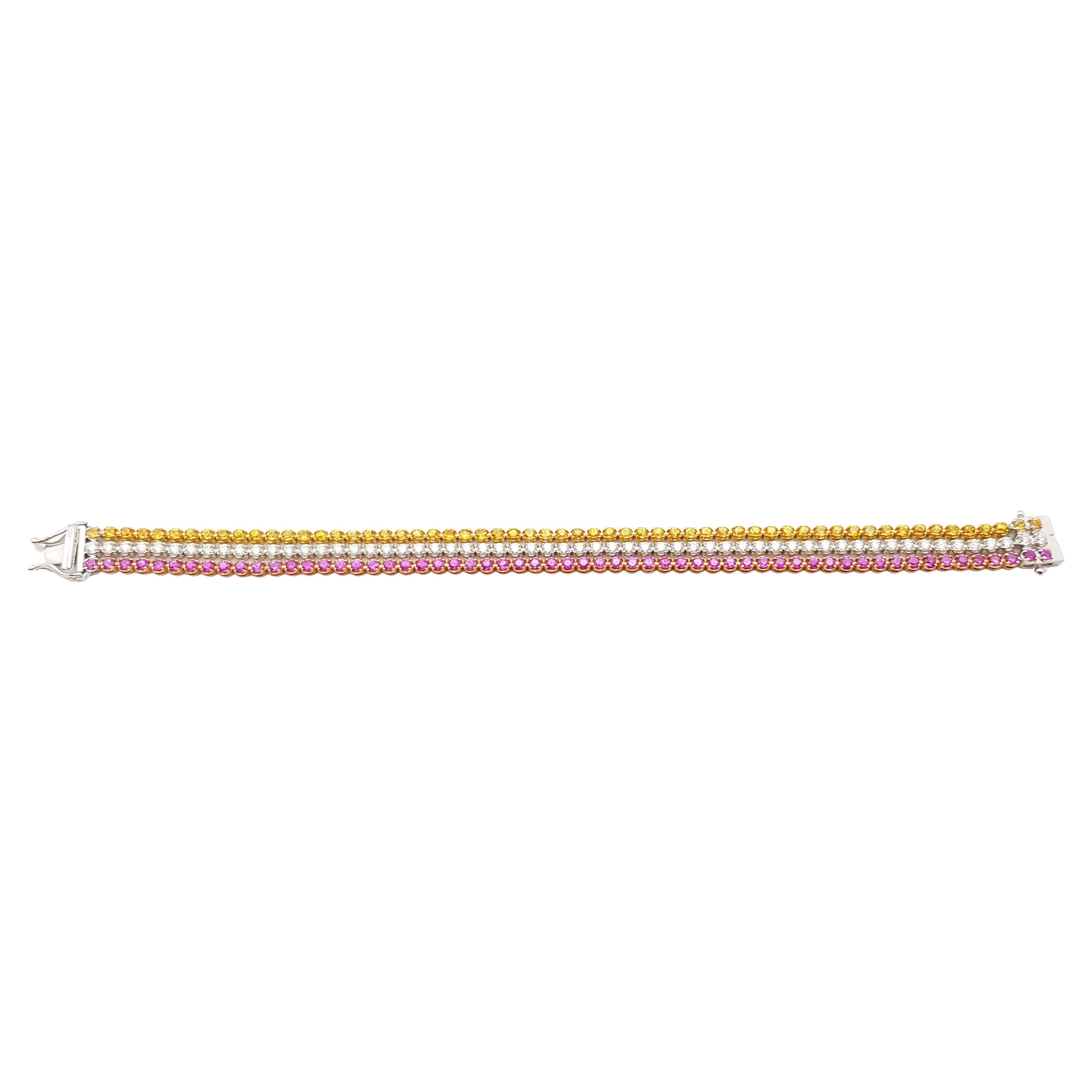 Pink Sapphire 3.0 carats, Yellow Sapphire 3.30 carats and Diamond 2.48 carat Bracelet set in 18 Karat White Gold Settings

Width:  0.9 cm 
Length: 18.0 cm
Total Weight: 18.33 grams

