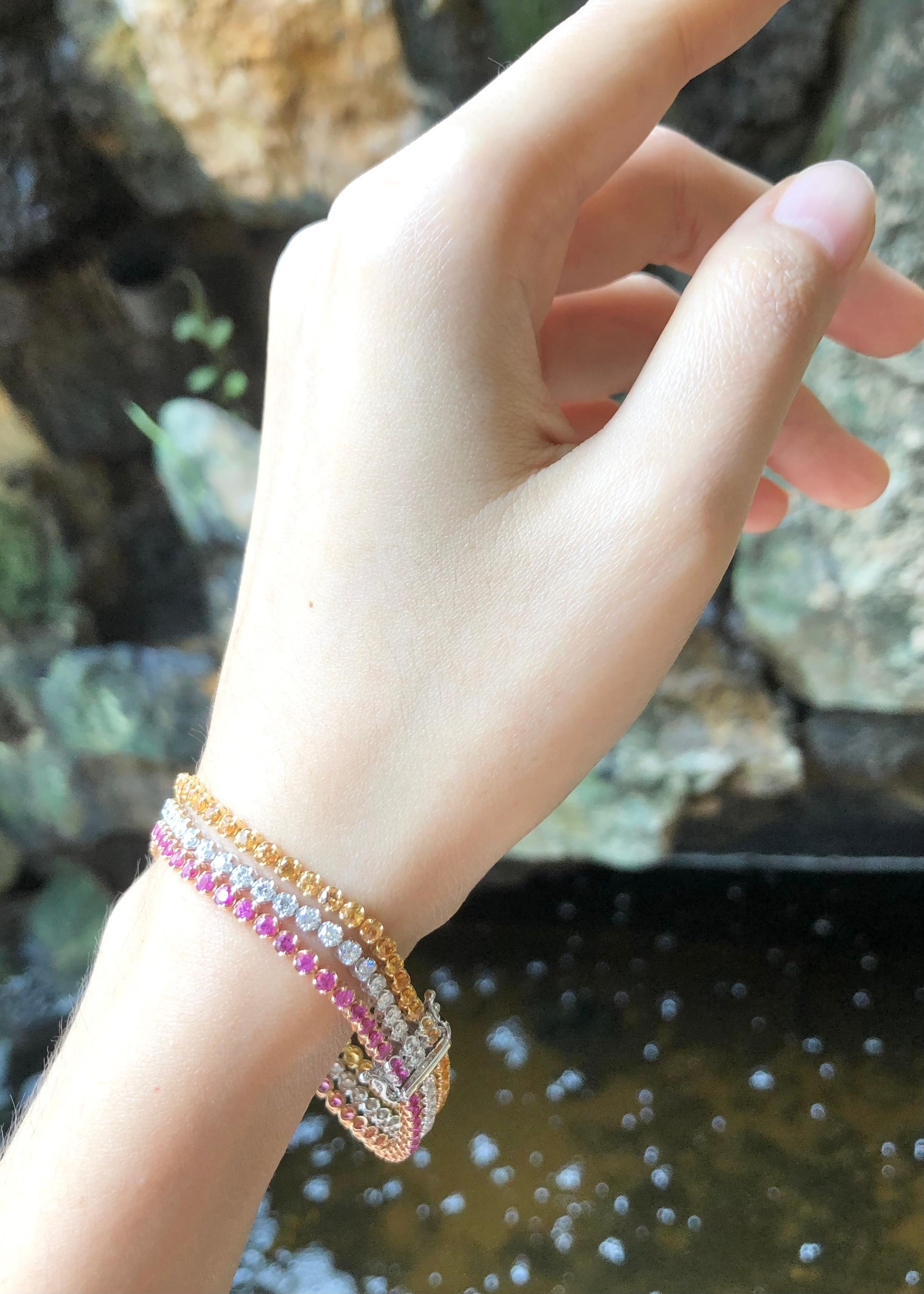 Brilliant Cut Pink Sapphire, Yellow Sapphire and Diamond  Bracelet set in 18 Karat White Gold For Sale