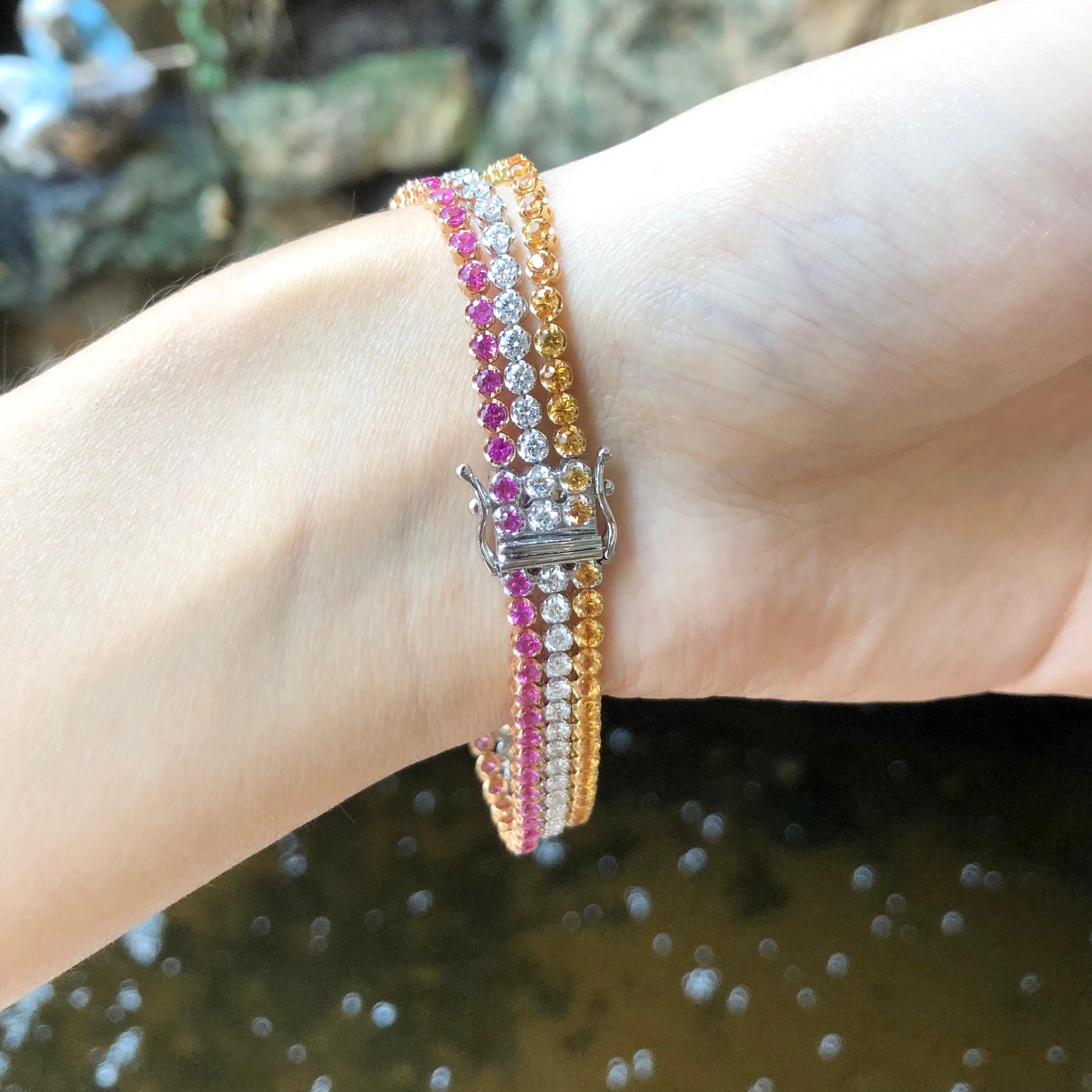 Women's Pink Sapphire, Yellow Sapphire and Diamond  Bracelet set in 18 Karat White Gold For Sale