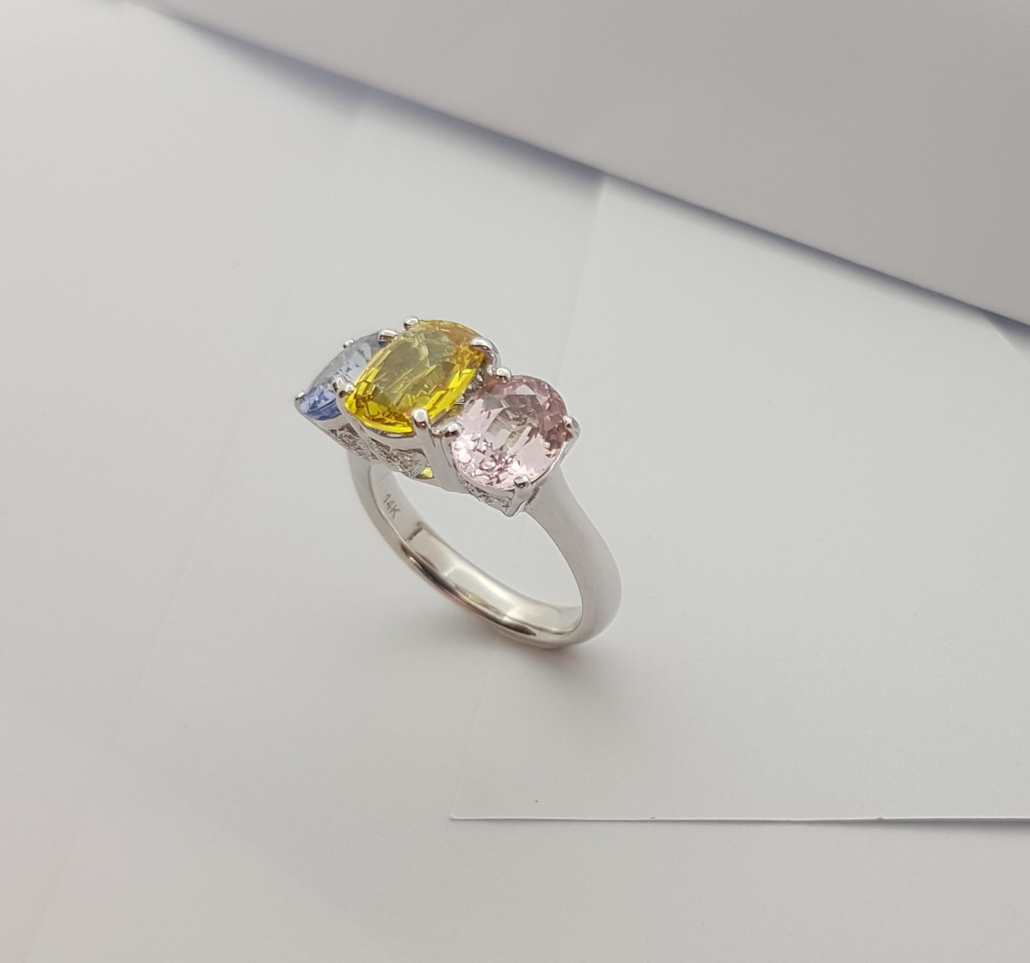 Oval Cut Pink Sapphire, Yellow Sapphire, Blue Sapphire Ring Set in 14 Karat White Gold For Sale