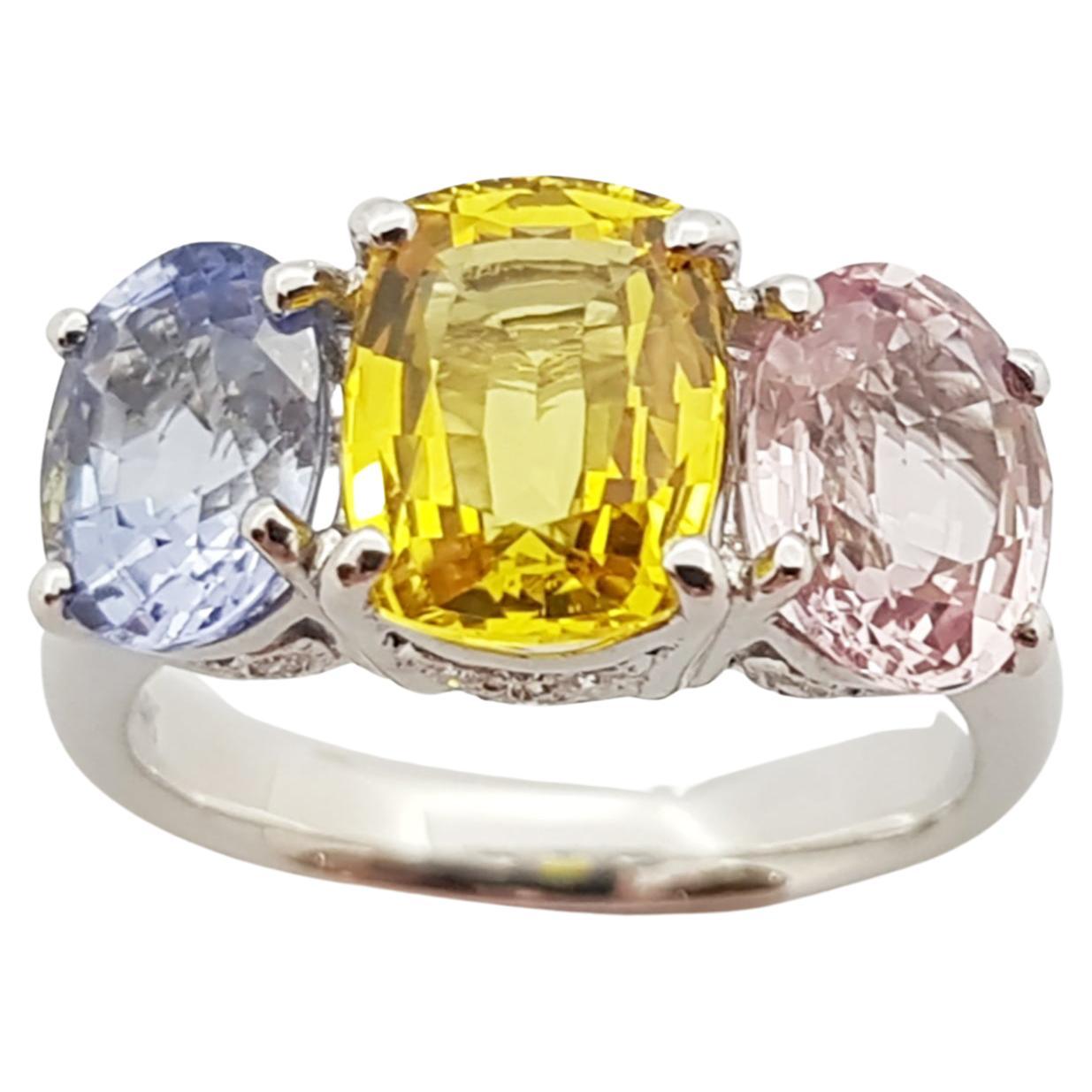 Pink Sapphire, Yellow Sapphire, Blue Sapphire Ring Set in 14 Karat White Gold For Sale