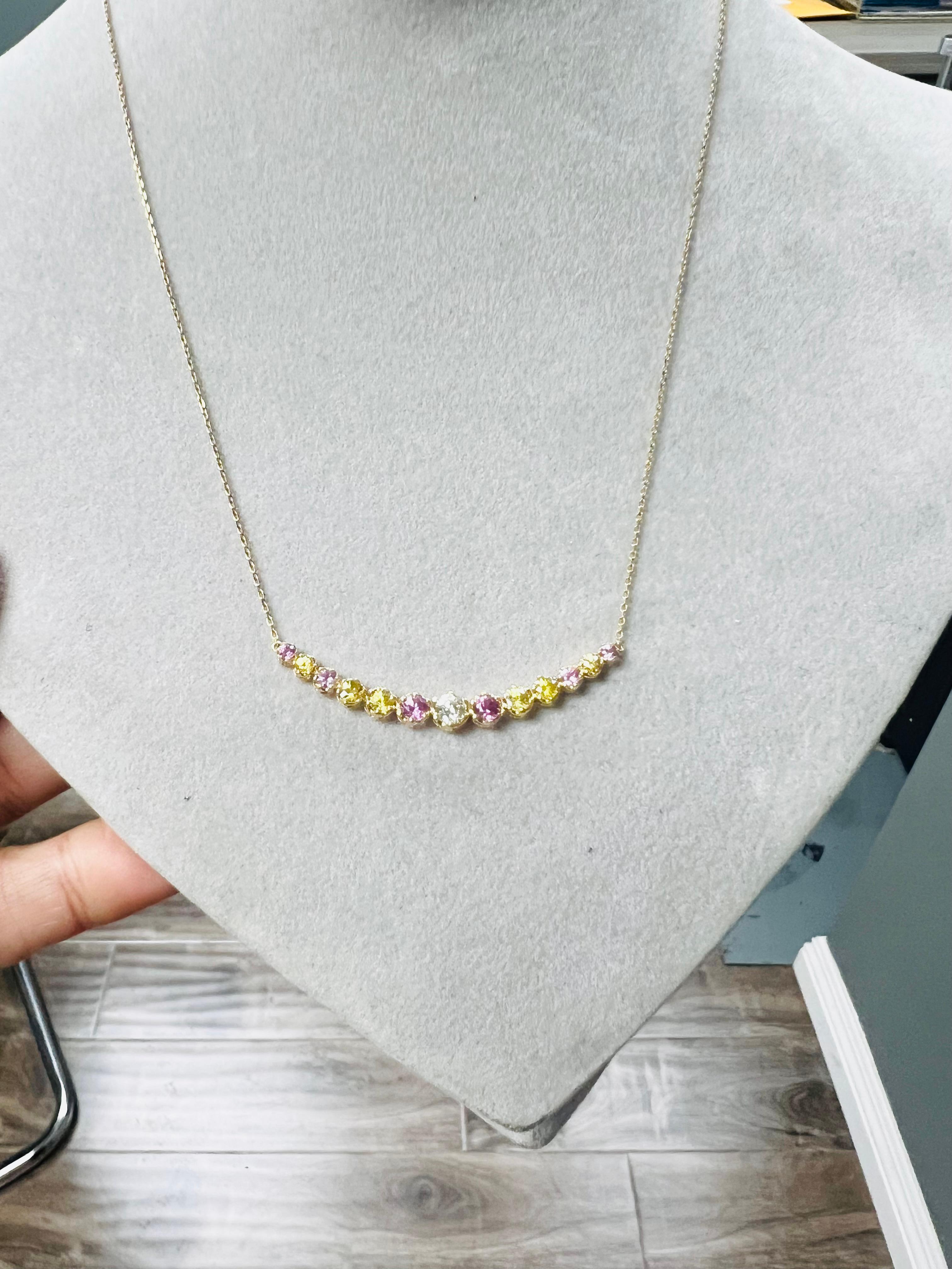 Pink Sapphire Yellow Sapphire Diamond 14 Karat Yellow Gold Chain Bar Necklace For Sale 4