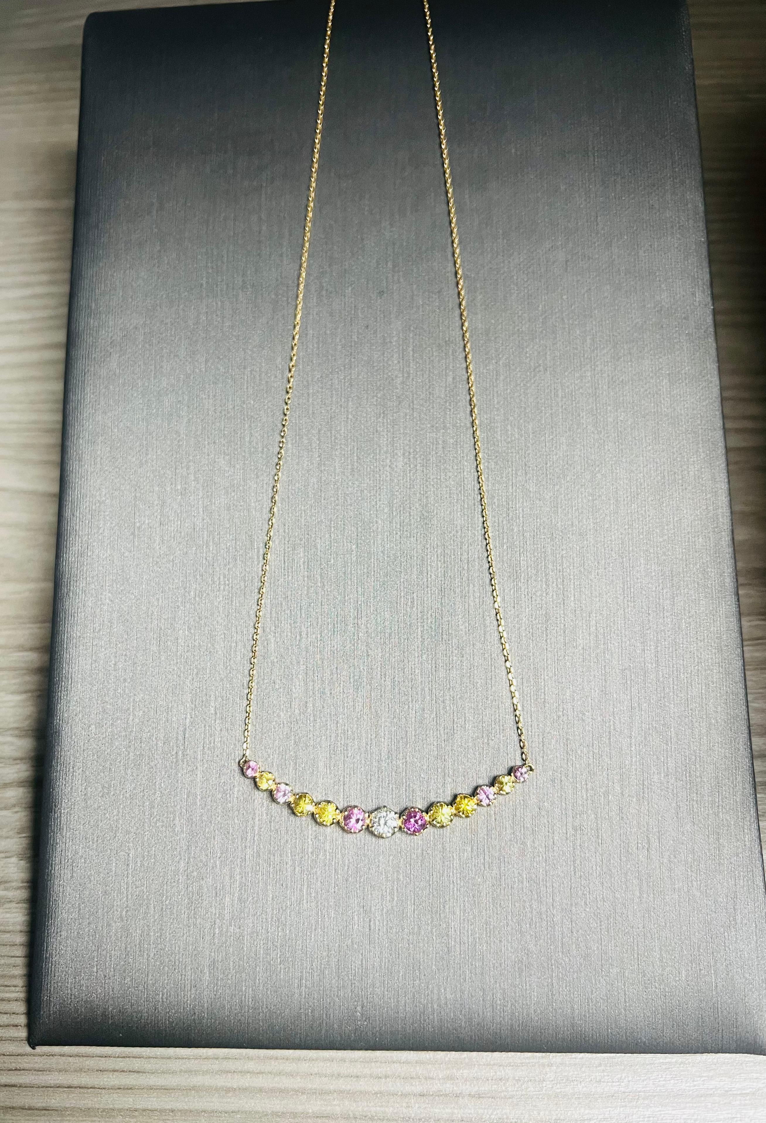 Pink Sapphire Yellow Sapphire Diamond 14 Karat Yellow Gold Chain Bar Necklace For Sale 5