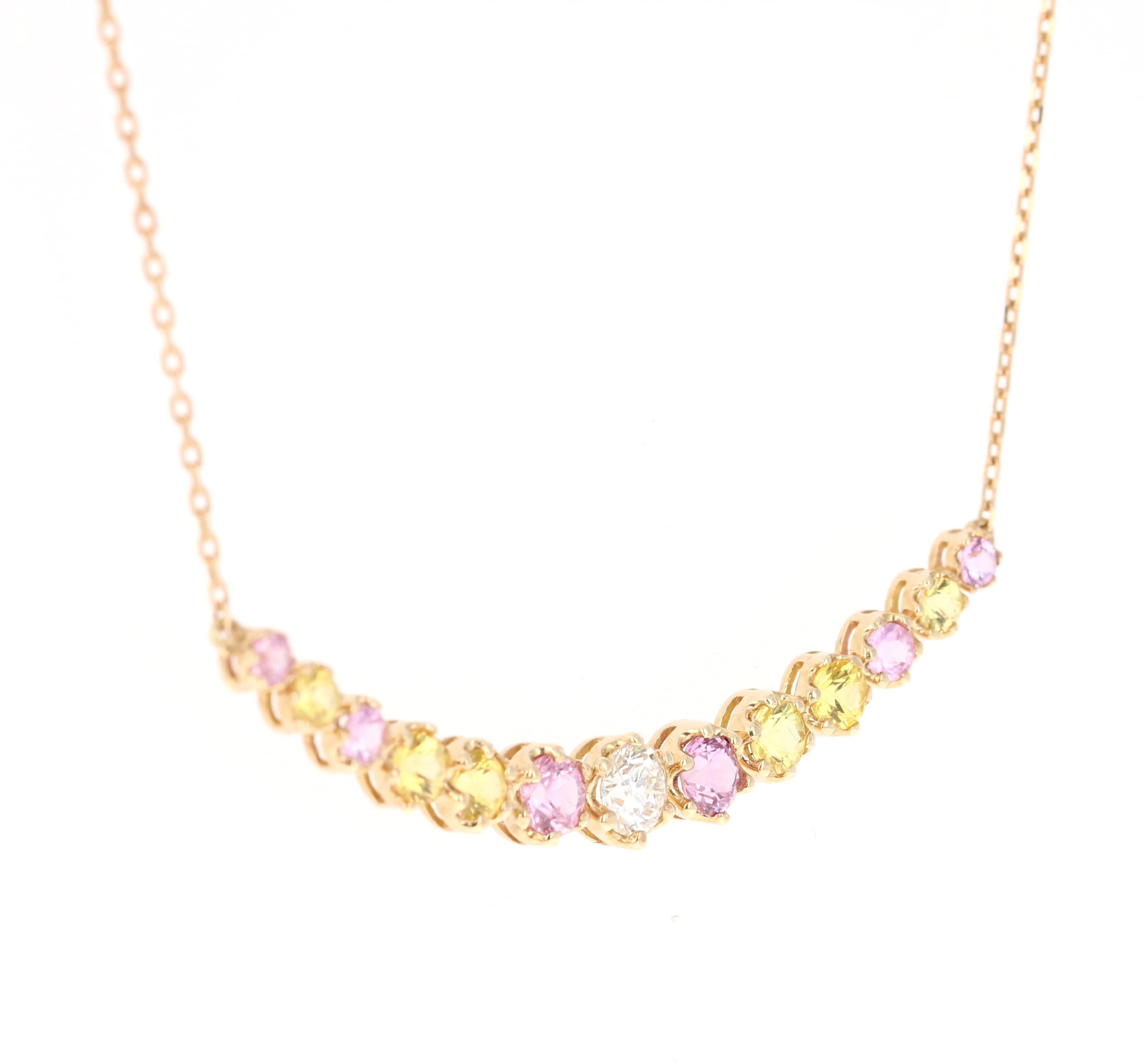 This Chain Bar Necklace has a U-Shaped Pendant that has 12 Pink and Yellow Natural Sapphires that weigh 1.52 carats and a Round Cut Natural Diamond that weighs 0.30 carats. The total carat weight of the Pendant is 1.82 carats. 

It is beautifully