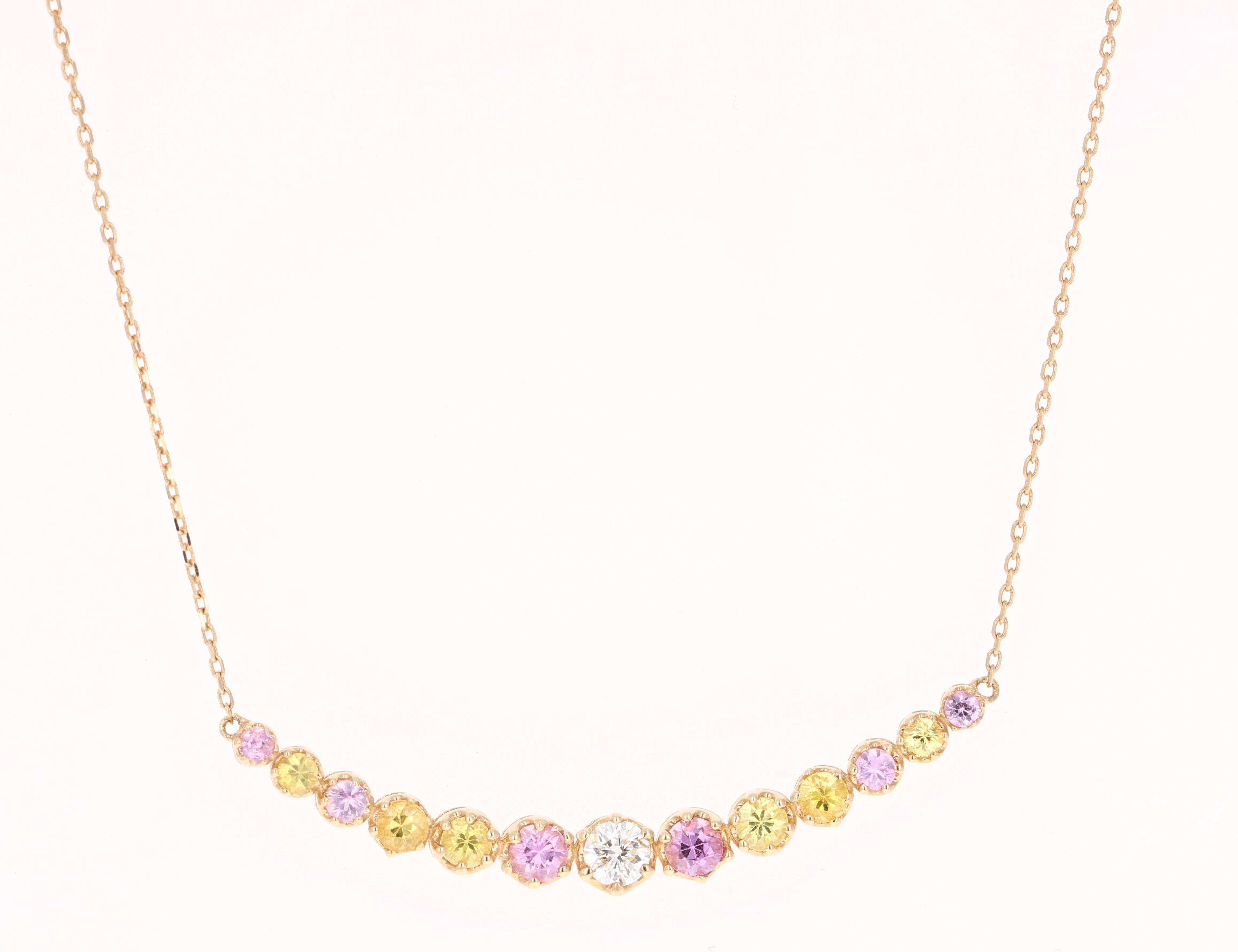 Contemporary Pink Sapphire Yellow Sapphire Diamond 14 Karat Yellow Gold Chain Bar Necklace For Sale