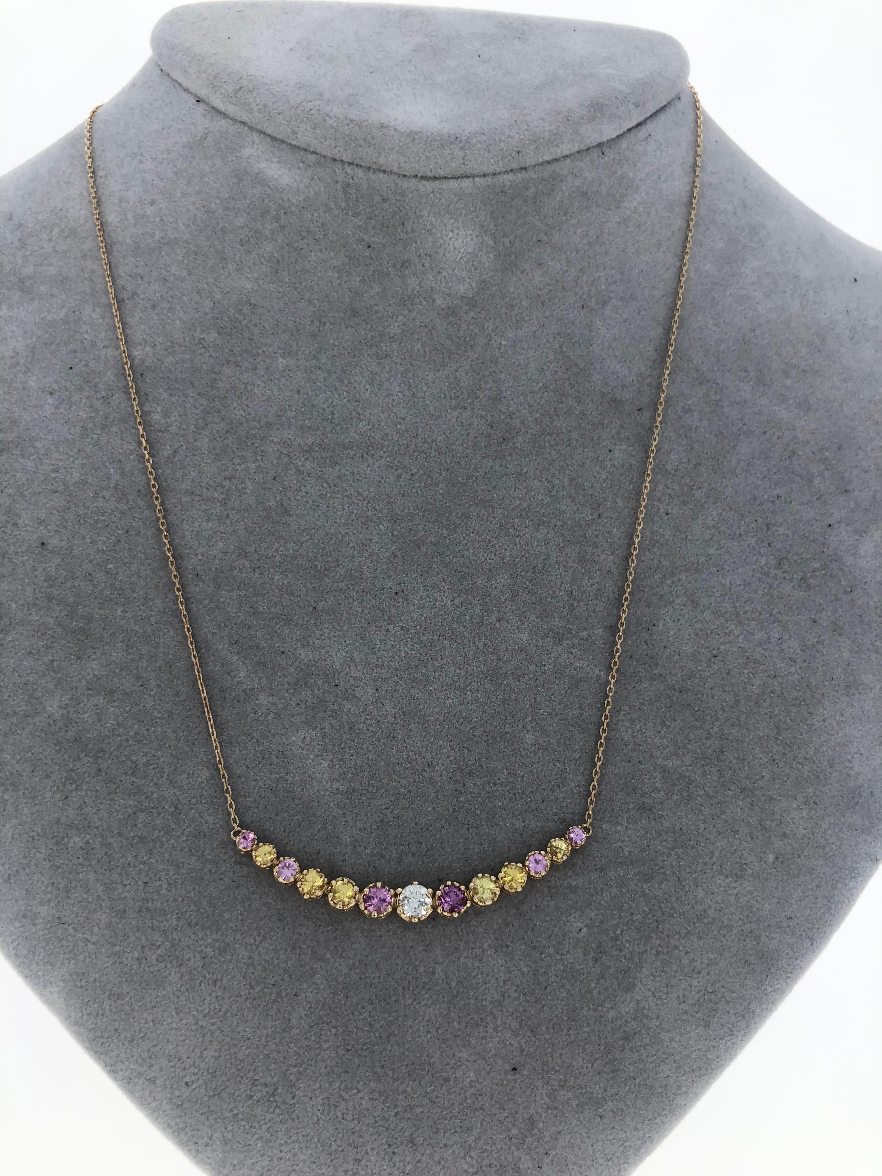 Pink Sapphire Yellow Sapphire Diamond 14 Karat Yellow Gold Chain Bar Necklace In New Condition For Sale In Los Angeles, CA