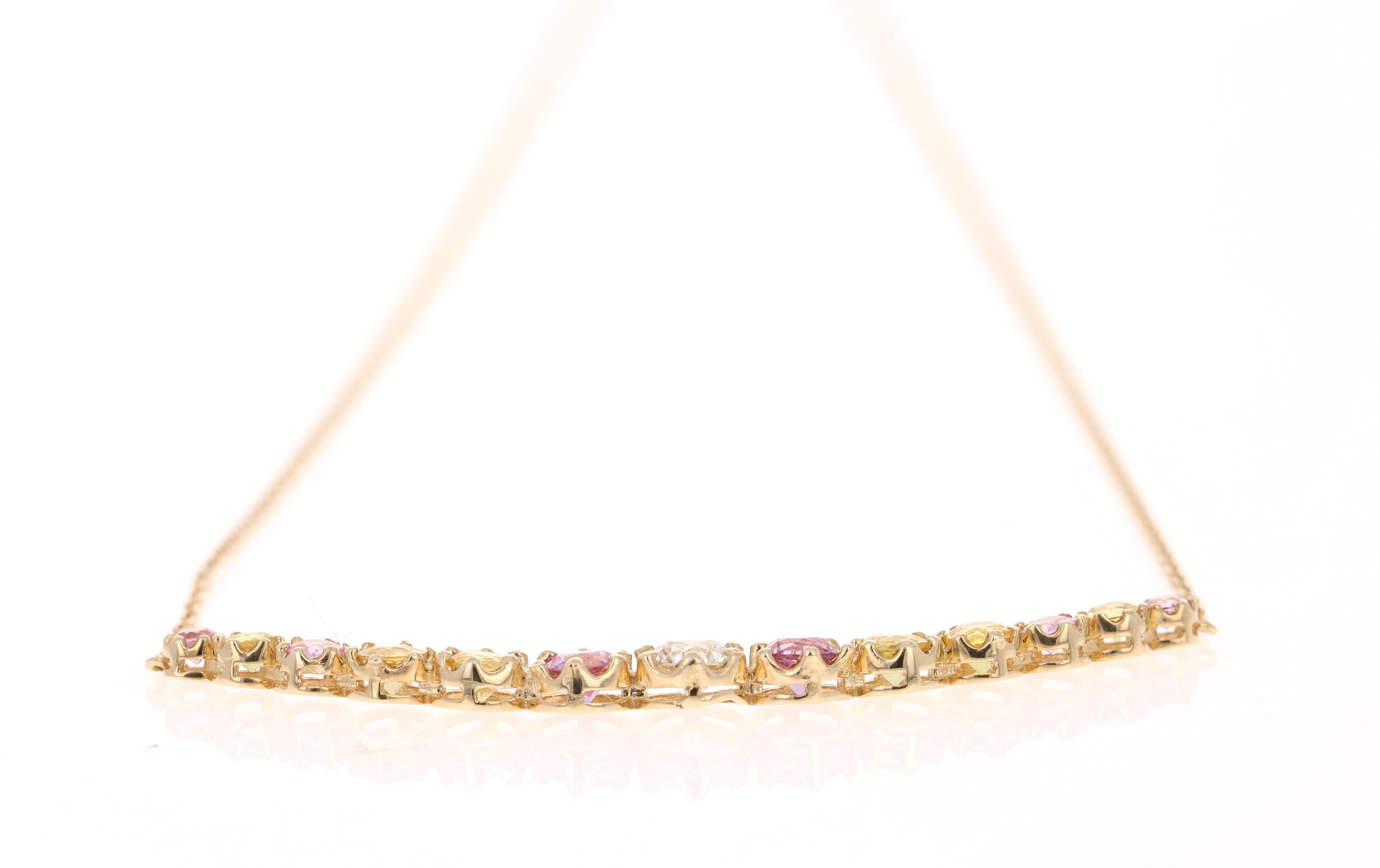 Women's Pink Sapphire Yellow Sapphire Diamond 14 Karat Yellow Gold Chain Bar Necklace For Sale