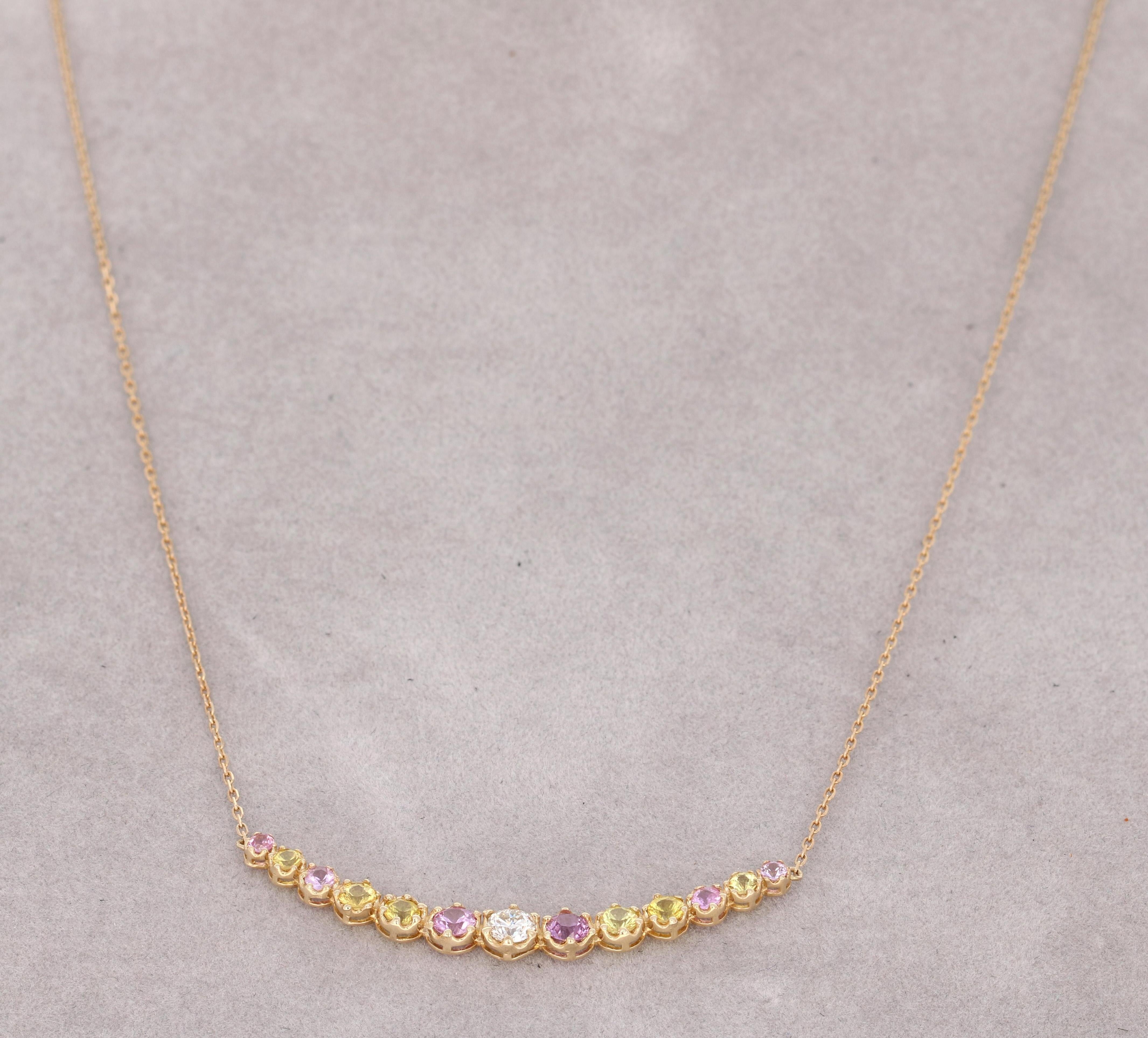 Pink Sapphire Yellow Sapphire Diamond 14 Karat Yellow Gold Chain Bar Necklace For Sale 1